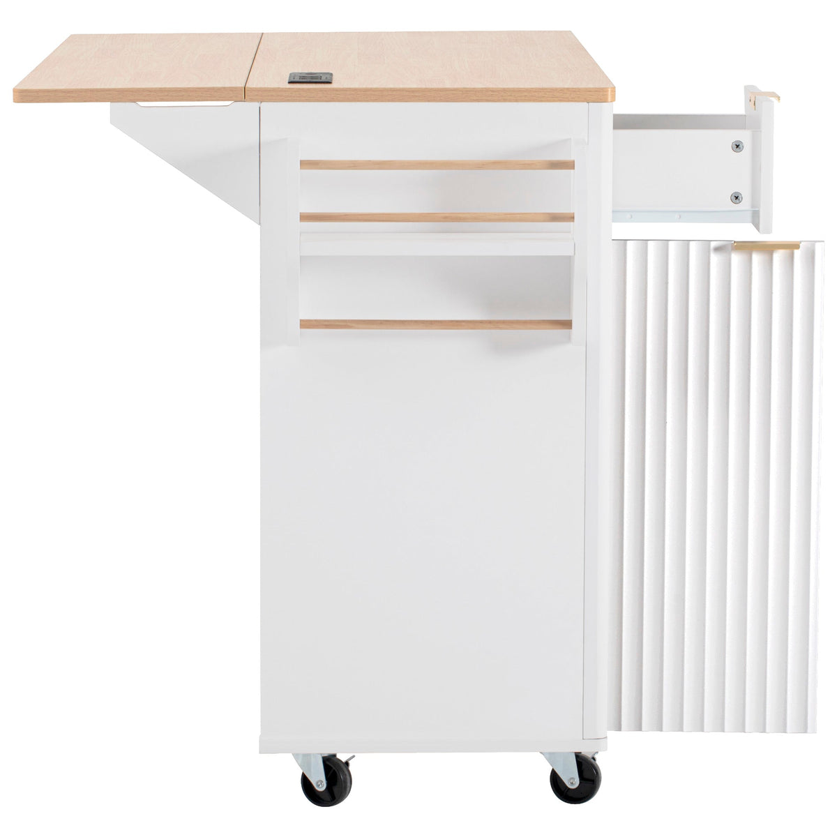 Roomfitters 55.5" Kitchen Island with Power Outlet and Drop Leaf, Rolling Storage Cabinet with Fluted Door Design, White