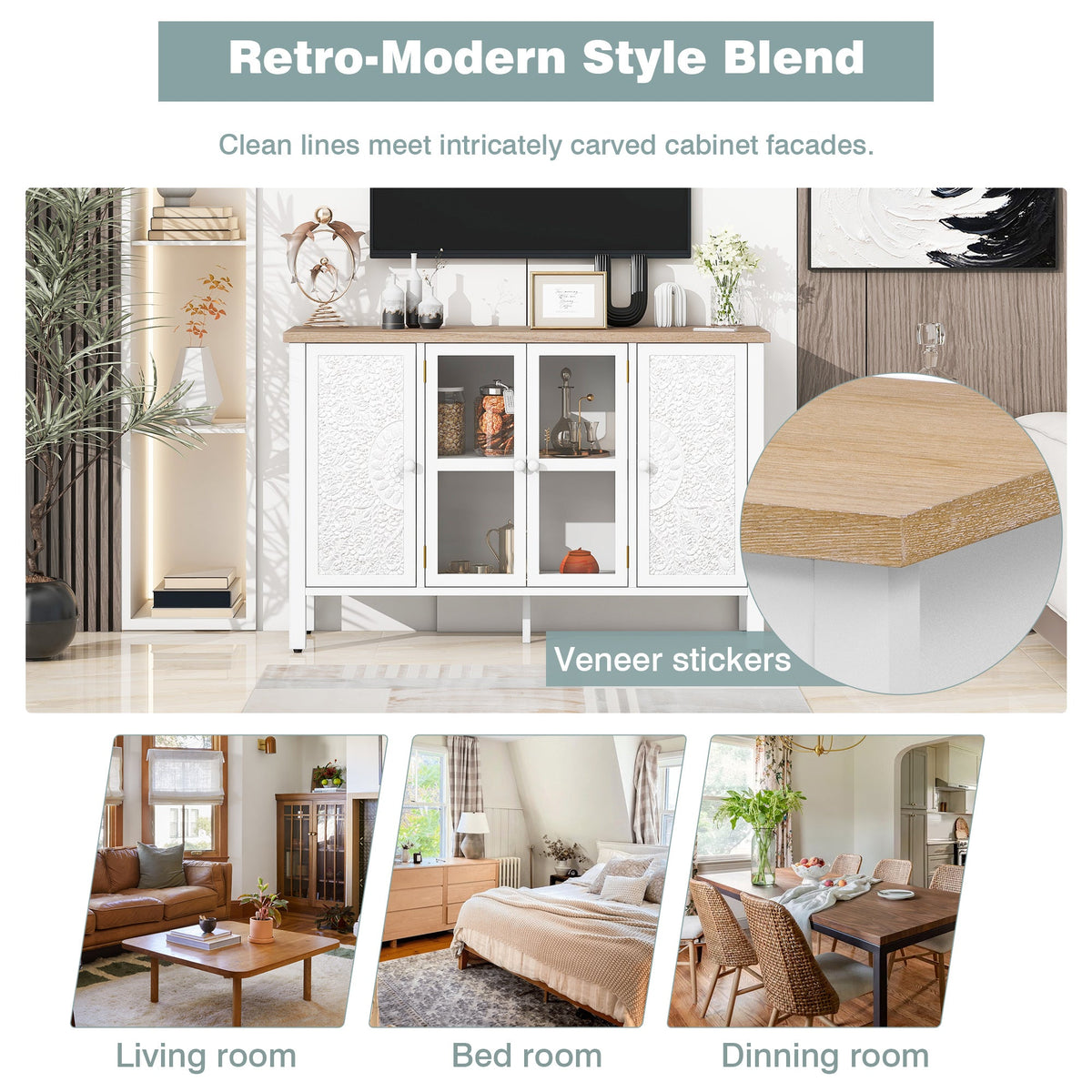 Roomfitters Retro TV Stand for up to 43 Inch TV, Media Console with Glass Cabinet Doors and Anti-Tip Safety Feature, White Roomfitters