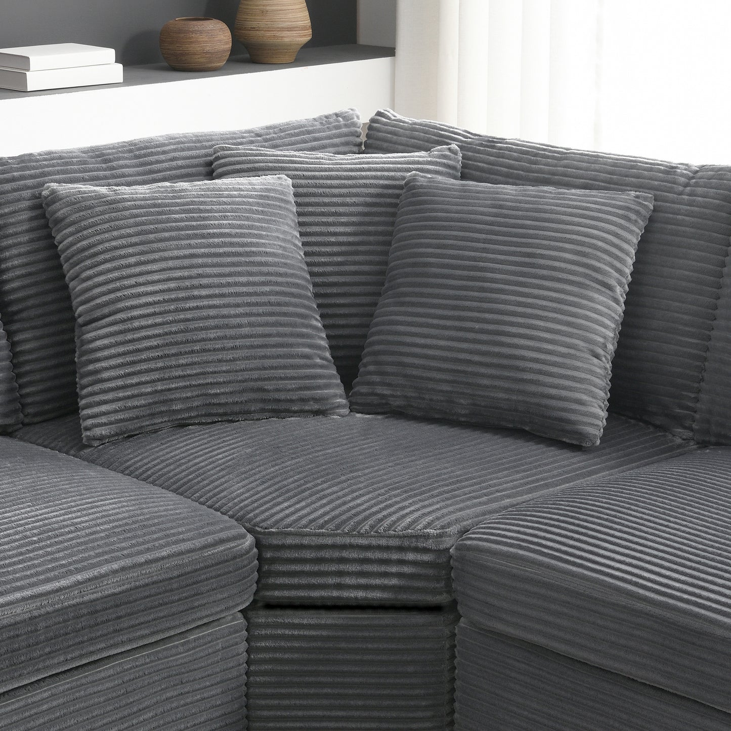 variant-group:rf-n723s1187e|Roomfitters 104 Inch Modern L-Shaped Sectional Sofa with Cup Holders, Comfortable Corduroy Upholstered Corner Couch, Gray