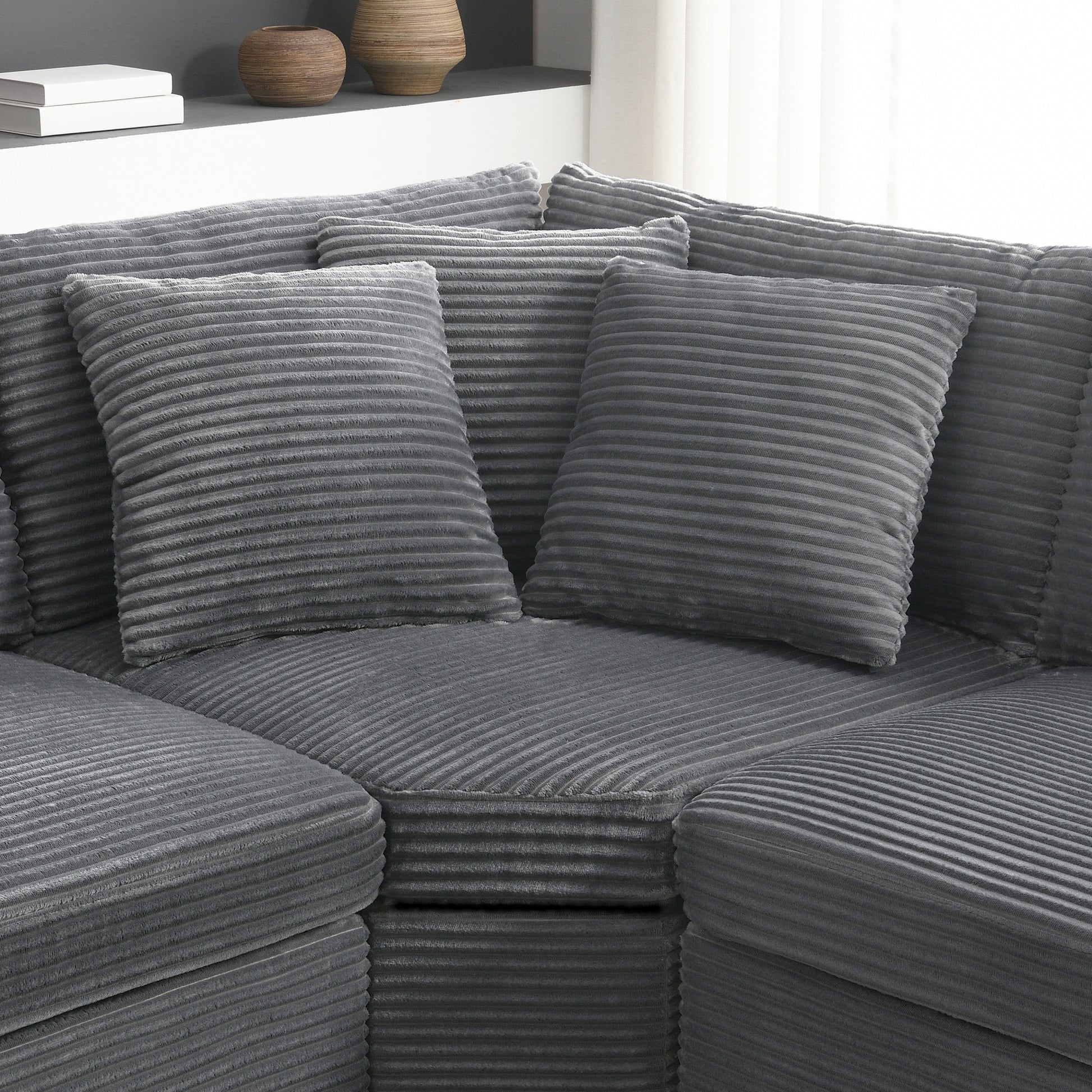 variant-group:rf-n723s1187e|Roomfitters 104 Inch Modern L-Shaped Sectional Sofa with Cup Holders, Comfortable Corduroy Upholstered Corner Couch, Gray