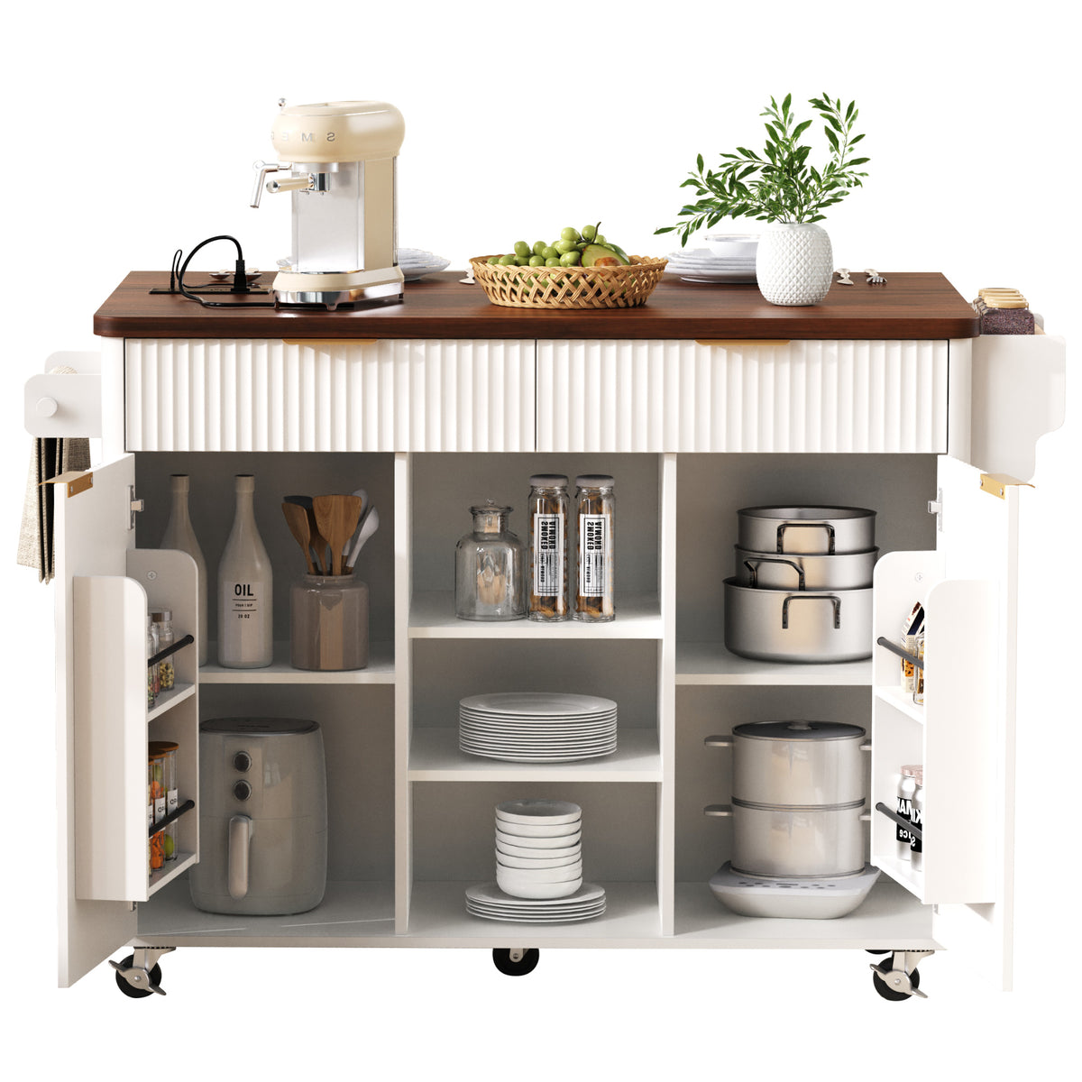 variant-group:rf-n707s000019w|Roomfitters 52" Fluted Kitchen Island with Drop Leaf, Power Outlet & Walnut Wood-Grain Top, White