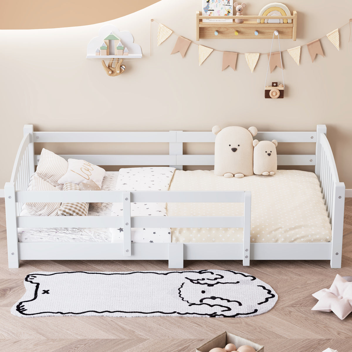 variant-group:rf-n733p400298k|Roomfitters Twin Montessori Floor Bed with Guardrails, Solid Wood Low Platform Bed with Slats, Easy Assembly, White