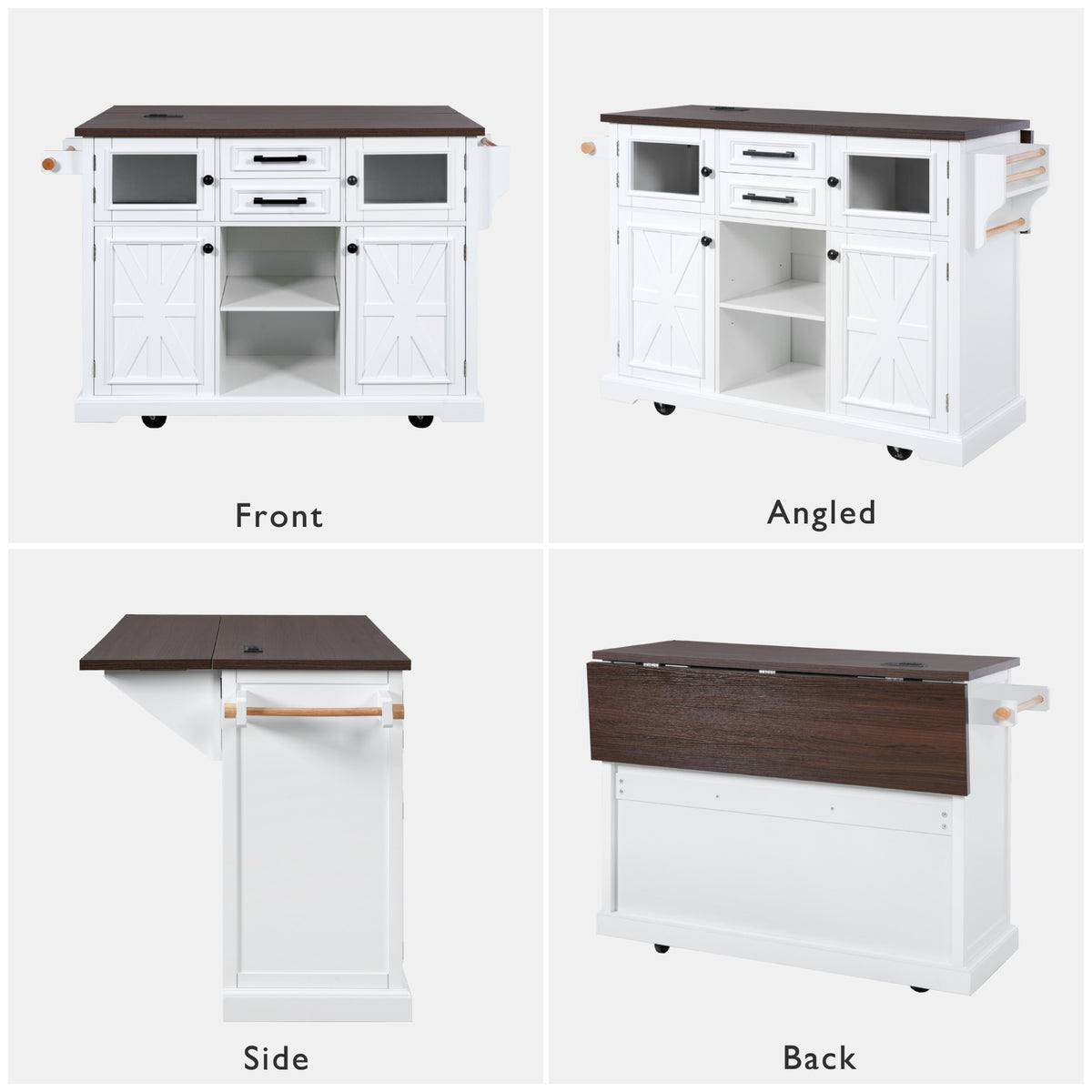 variant-group:rf-n707s300277w|Roomfitters 54.9" Kitchen Island with Drop Leaf, Rolling Kitchen Cart with Barn Door and Glass Door, Storage Cabinet, White