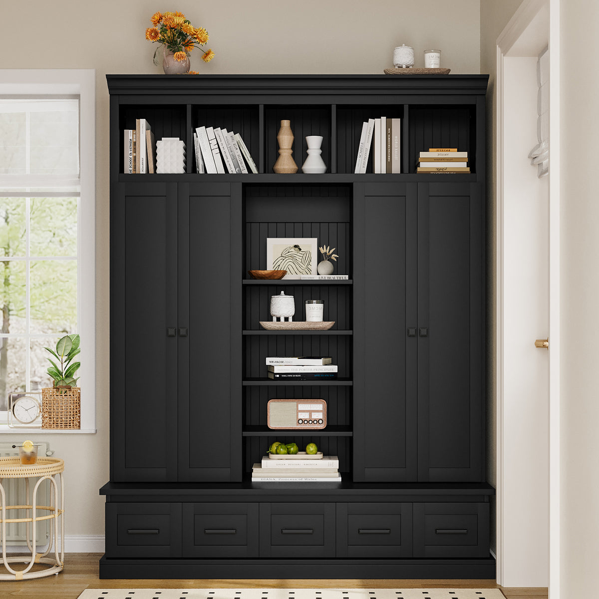variant-group:rf-n724sj000139aab|Roomfitters 78.7" Hall Tree with Bench, 5 Cubbies, 4 Doors, 5 Drawers, Adjustable Shelves, Black
