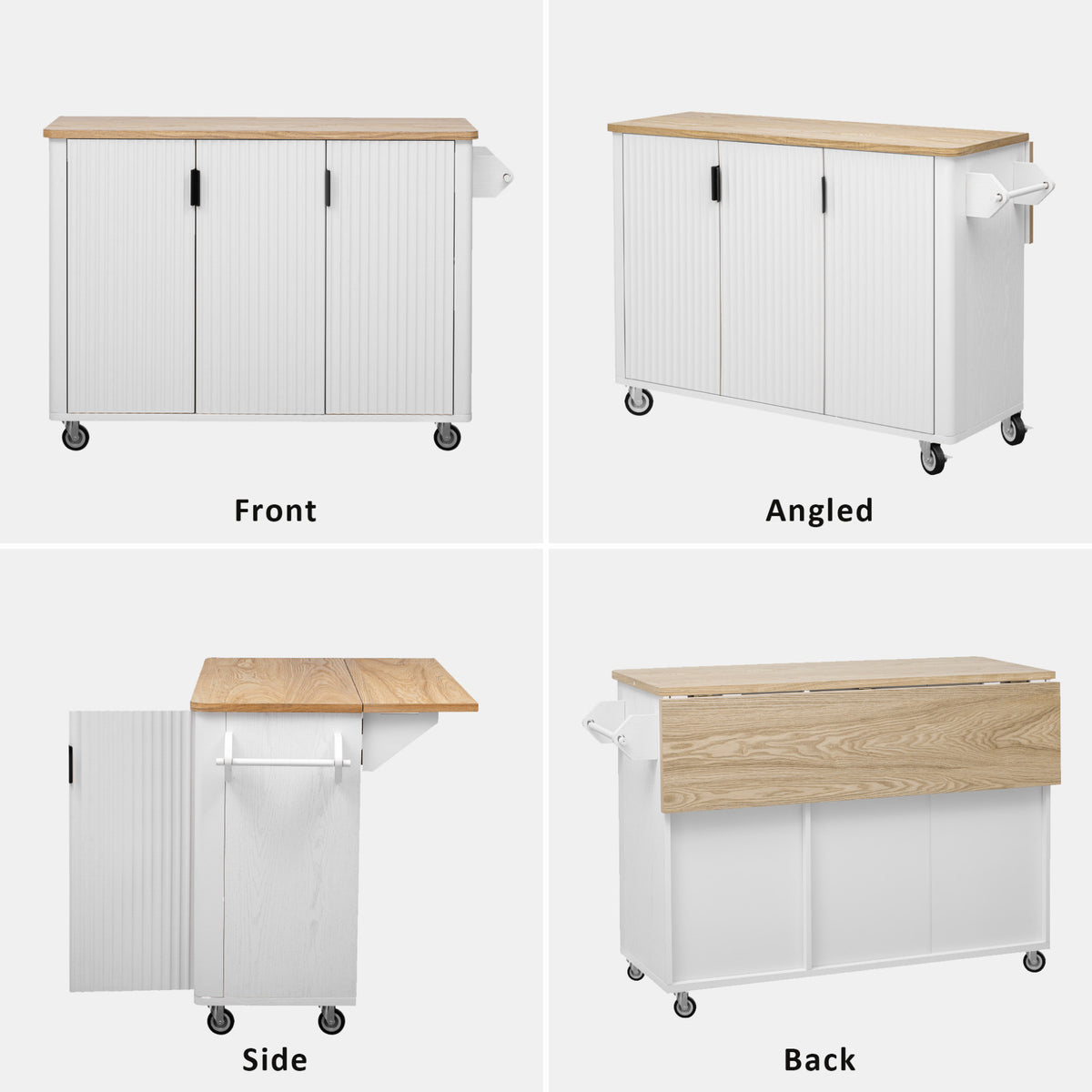 variant-group:rf-n707p221446w|Roomfitters 51" Fluted Kitchen Island with Drop Leaf, Rolling Cart with Storage Rack, Farmhouse Style, Towel Rack, White