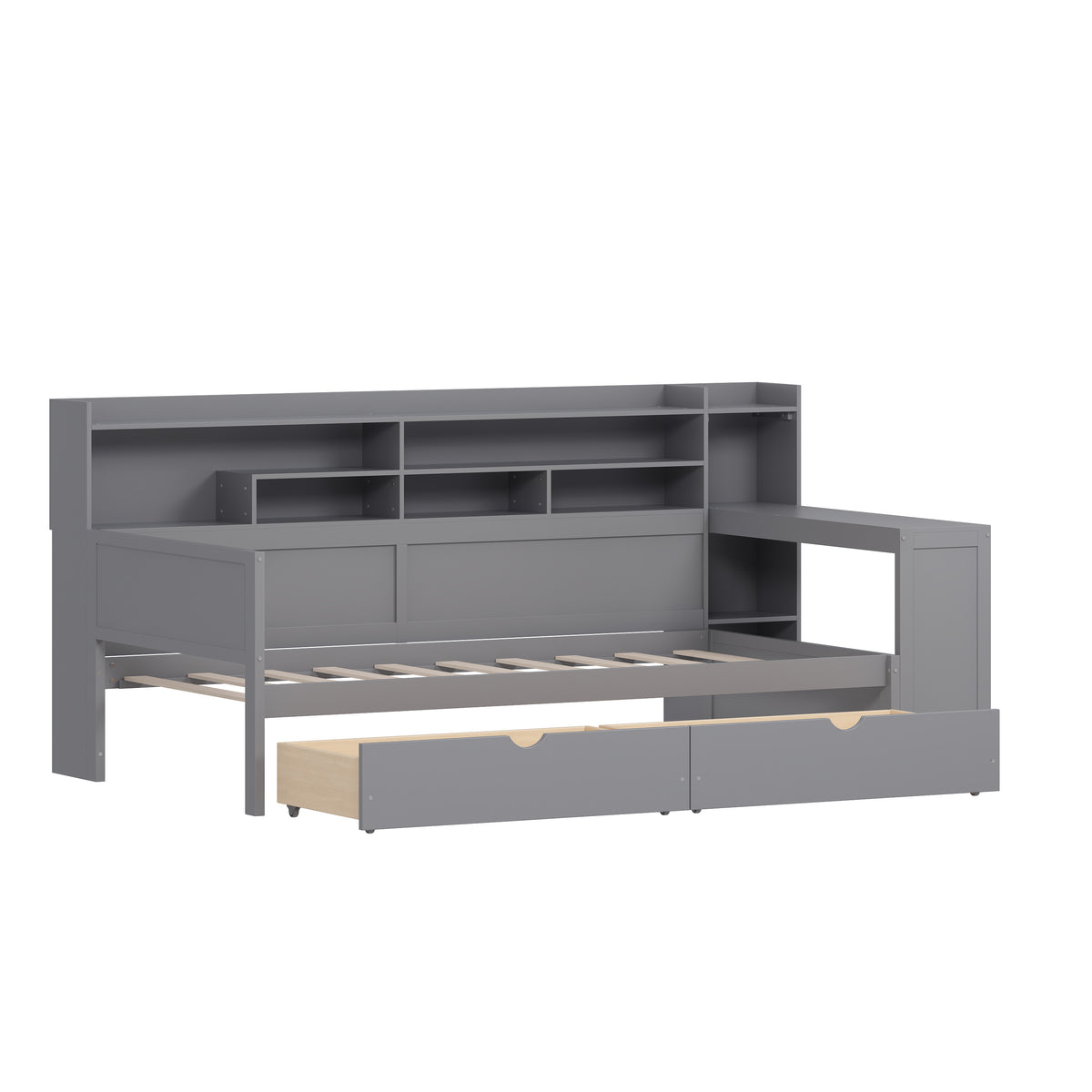 variant-group:rf-n733s241484e|Roomfitters Wooden Twin Size Daybed with Storage Shelves, Multi-functional Bed with Two Storage Compartments and Study Desk, Gray