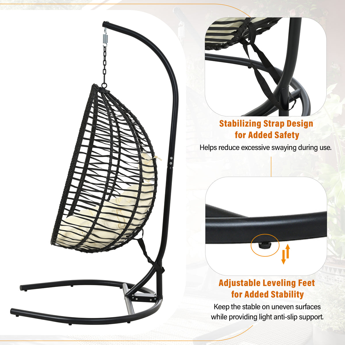 variant-group:rf-n711p389502a|Roomfitters Indoor Outdoor Hanging Egg Hammock Chair with Stand, Wicker Rattan Swing for Patio and Bedroom, Black+Beige