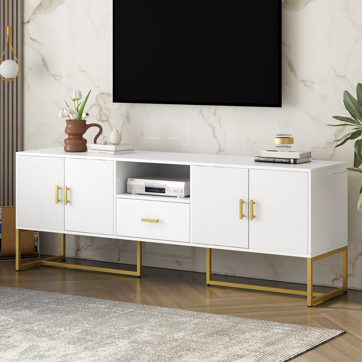 Roomfitters Modern TV Stand for up to 70 Inch TV, Media Cabinet with Drawer, Metal Legs and Safety Features, White Roomfitters