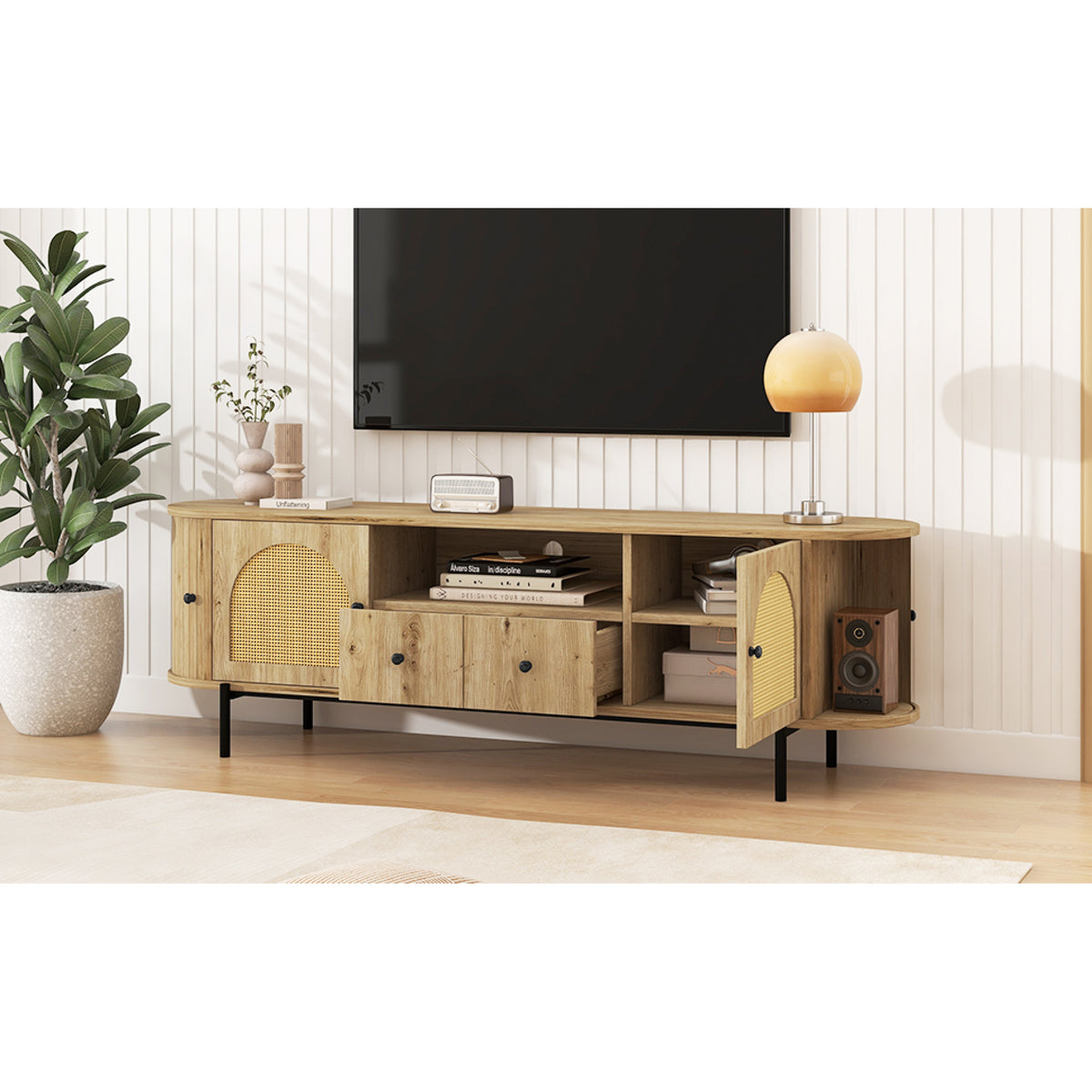 variant-group:rf-n724p437189d|Roomfitters American Style TV Stand with Rattan Arched Doors, Steel Legs, Burly Wood