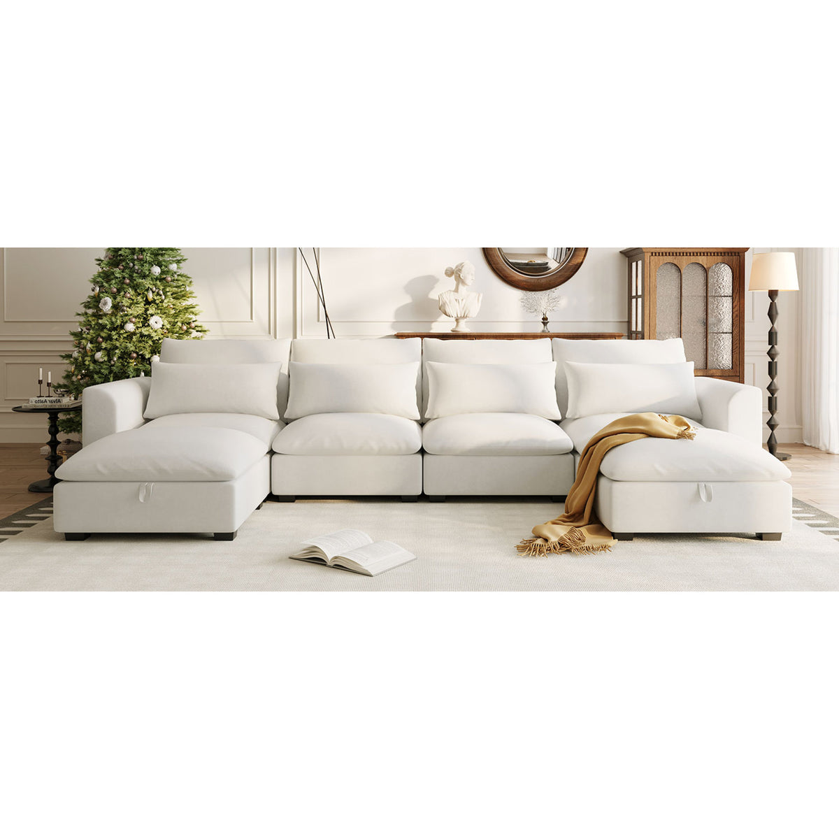 variant-group:rf-n711wy000491aaa|Roomfitters 131.3-Inch Modern U-Shaped Sectional Sofa, 6-Seater Linen Blend Couch, 2 Storage Ottomans, Pit Lounge, Beige
