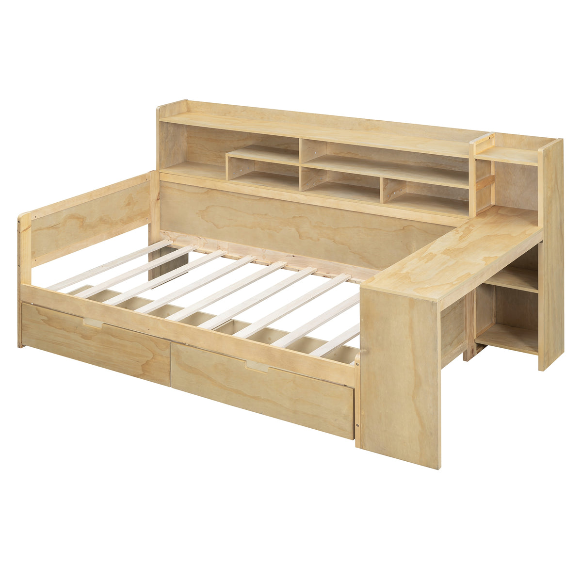 variant-group:rf-n733s241484m|Roomfitters Wooden Twin Size Daybed with Storage Shelves, Multi-functional Bed with Two Storage Compartments and Study Desk, Natural
