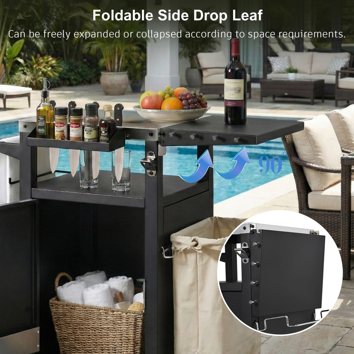 Roomfitters 33.9" Grill Cart with Stainless Steel Top, BBQ Prep Station with Spice Rack and Hamper Bag, Rolling Cart, Black