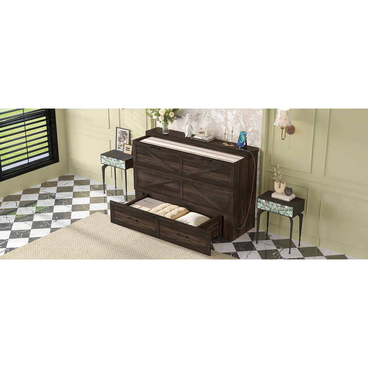 variant-group:rf-n733s361778g|Roomfitters Queen Farmhouse Murphy Cabinet Bed with Charging Station, Foldable Platform Bed with Storage Drawer, Rustic Gray