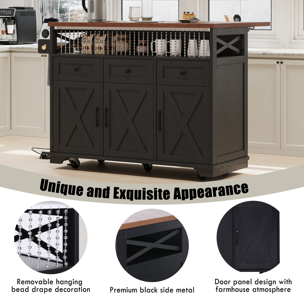 variant-group:rf-n707p254872b|Roomfitters 46.5" Rolling Kitchen Island with Drop Leaf, Mobile Cart with 2 AC Outlets & USB, Beaded Drape & 3 Drawers, Black