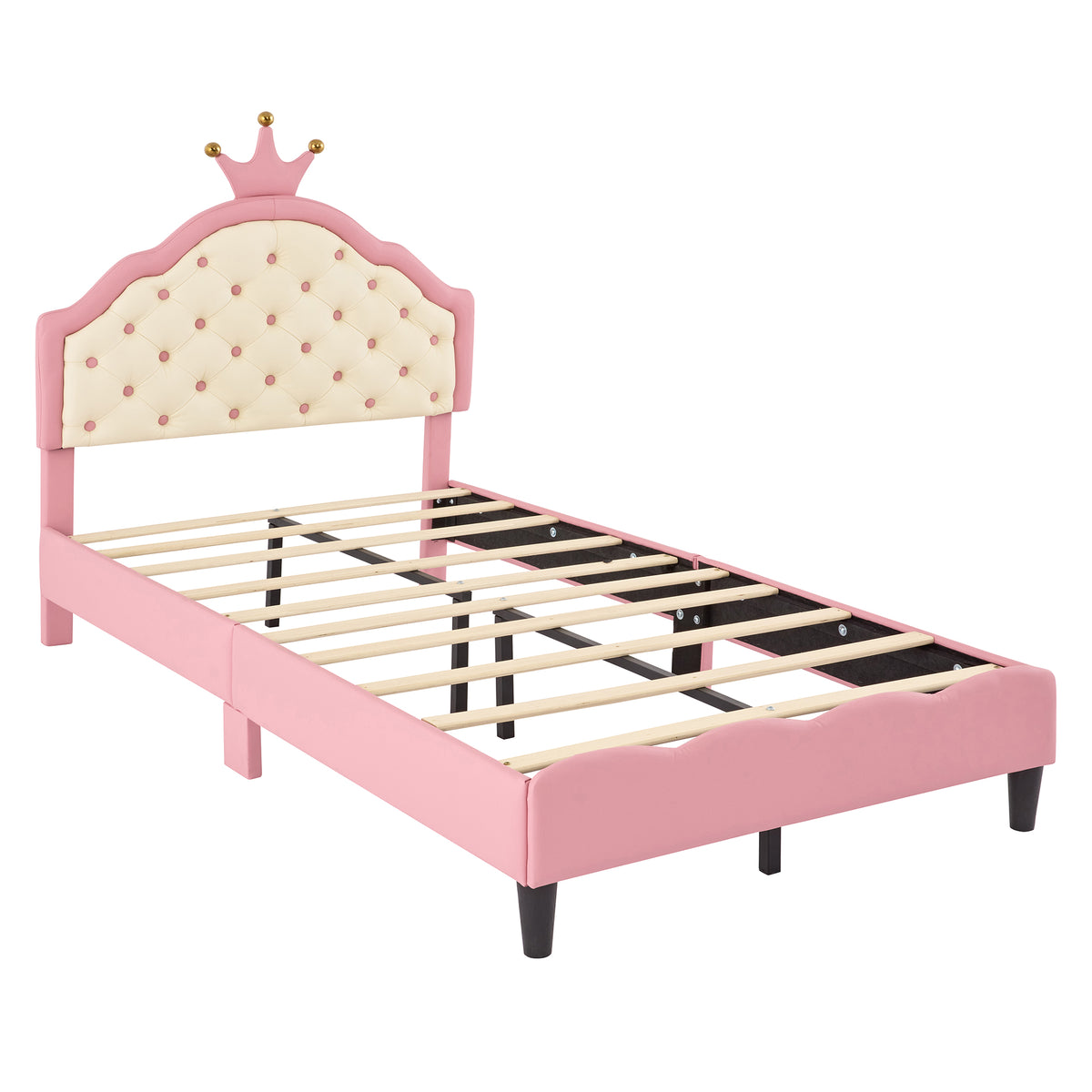 variant-group:rf-n733p198760h|Roomfitters Twin Size Upholstered Princess Bed with Crown Design, Elegant PU Leather Platform Bed with Tufted Headboard for a Stylish Bedroom, Pink + Cream