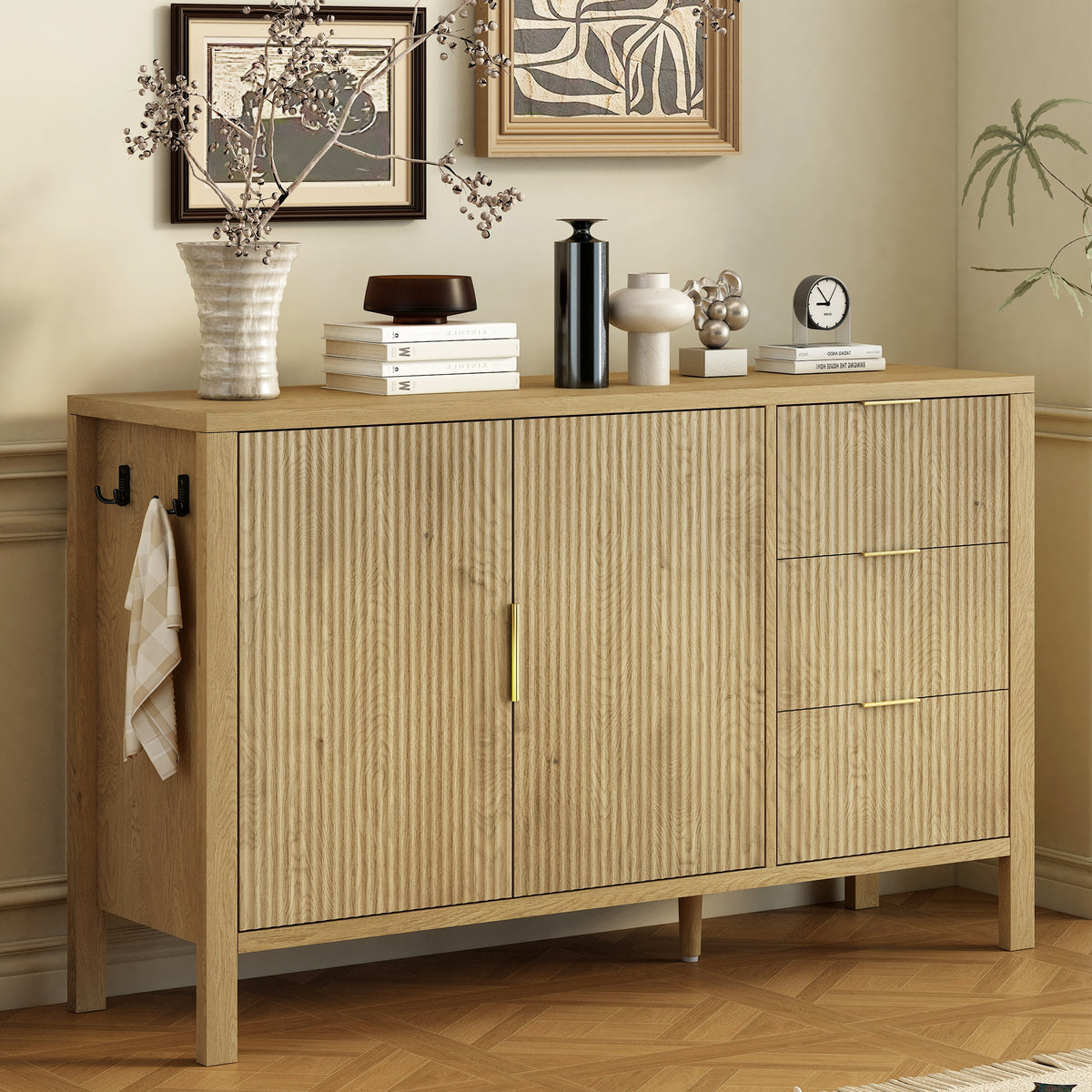 variant-group:rf-n711p345172o|Roomfitters Sideboard Buffet Cabinet with 3 Drawers, 2 Door Mid-century Fluted Accent Storage for Kitchen & Dining, Natural