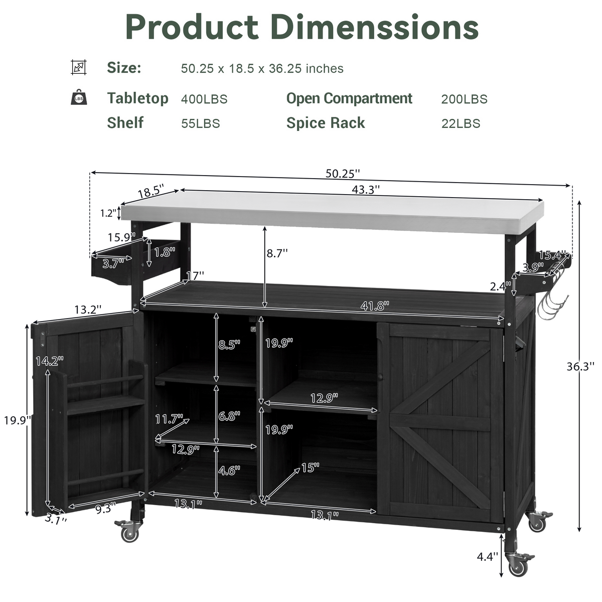 Roomfitters Outdoor Kitchen Island, Rolling Bar Cart with Storage Cabinet, Wood Grill Table, Stainless Steel Top, Spice Rack, Black