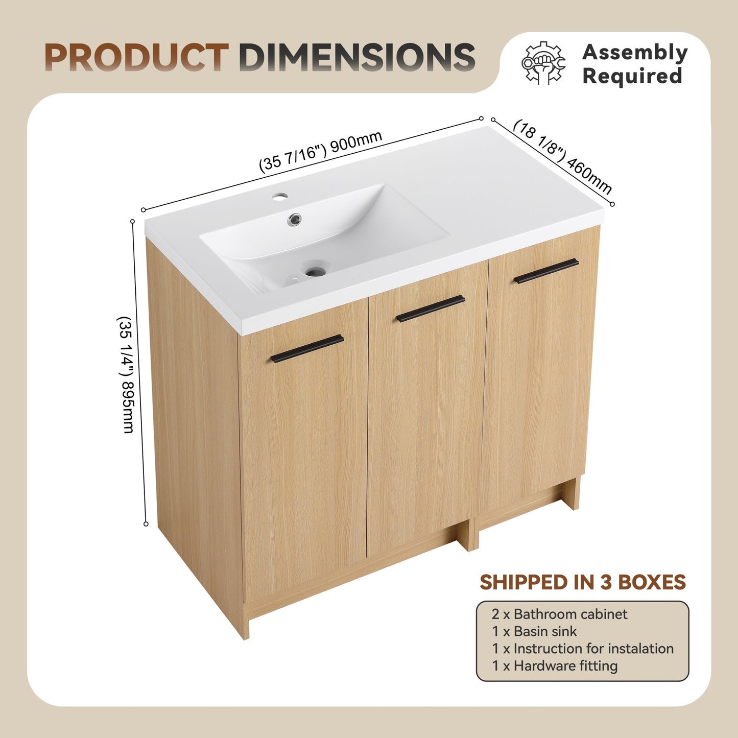 36" Modular Freestanding Bathroom Vanity with 36" Resin Sink Top, Light Oak, 2-Piece Cabinet (24" 2-Door + 12" 1-Door), KD Cabinet, Includes Black & Brushed Aluminum Handles Roomfitters