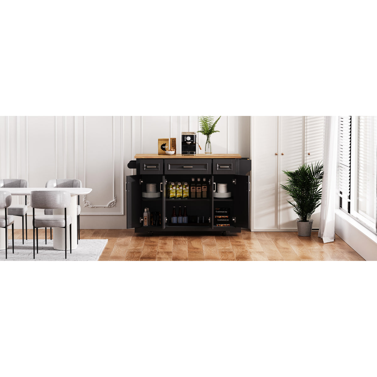 variant-group:rf-n707s195395b|Roomfitters 54" Kitchen Island with Wood Top, Rolling Storage Cabinet with 3 Drawers and 3 Doors, Spice Rack, Black