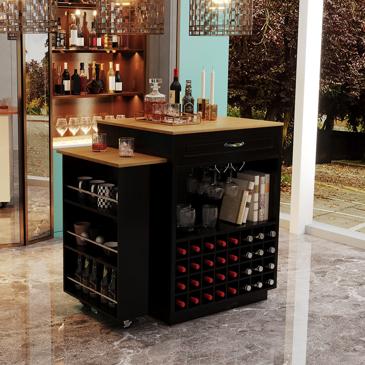 variant-group:rf-n711wy000493aab|Roomfitters Black and Natural Wood MDF Extendable Bar Cabinet, Rolling Kitchen Island Table, Wine Rack Storage