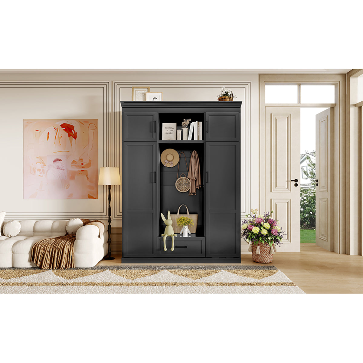 variant-group:rf-n724sj000140aab|Roomfitters 85.2" Hall Tree with Bench, 3 Hooks, 4 Doors, 1 Drawer and Adjustable Storage Shelves, Black