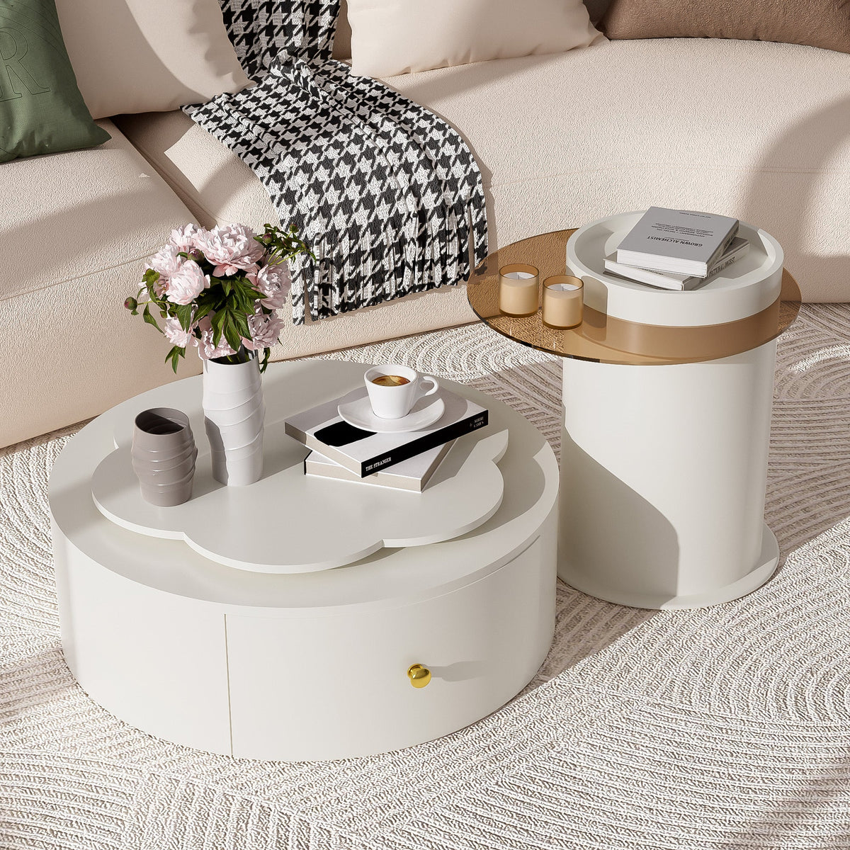 Roomfitters Rotatable Round Coffee Table Set of 2 with Flower-Shaped Top and Glass End Table, Off White Roomfitters
