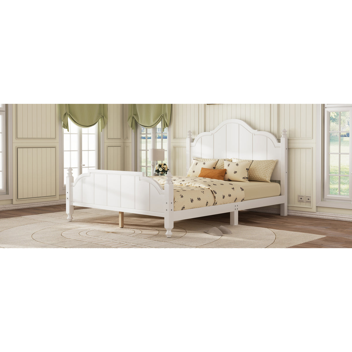 variant-group:rf-n733p360940k|Roomfitters Queen Wood Platform Bed Frame with Curved Headboard, Vintage Style Slat Support, No Box Spring Required, White