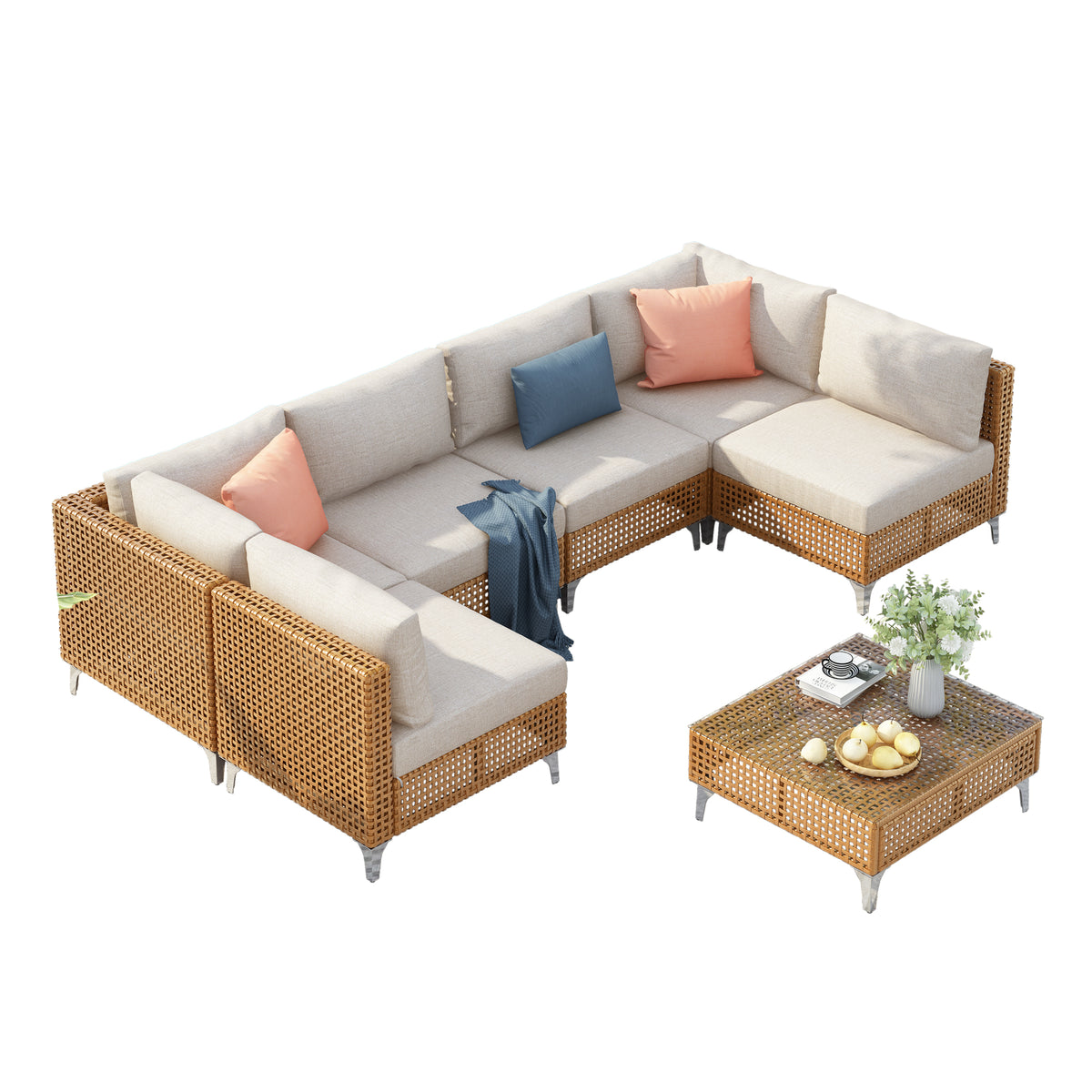 variant-group:rf-n707s000011z|Roomfitters 7-Piece Wicker Patio Furniture Set, Outdoor Sectional Sofa with Water-Resistant Cushions, Table, Natural