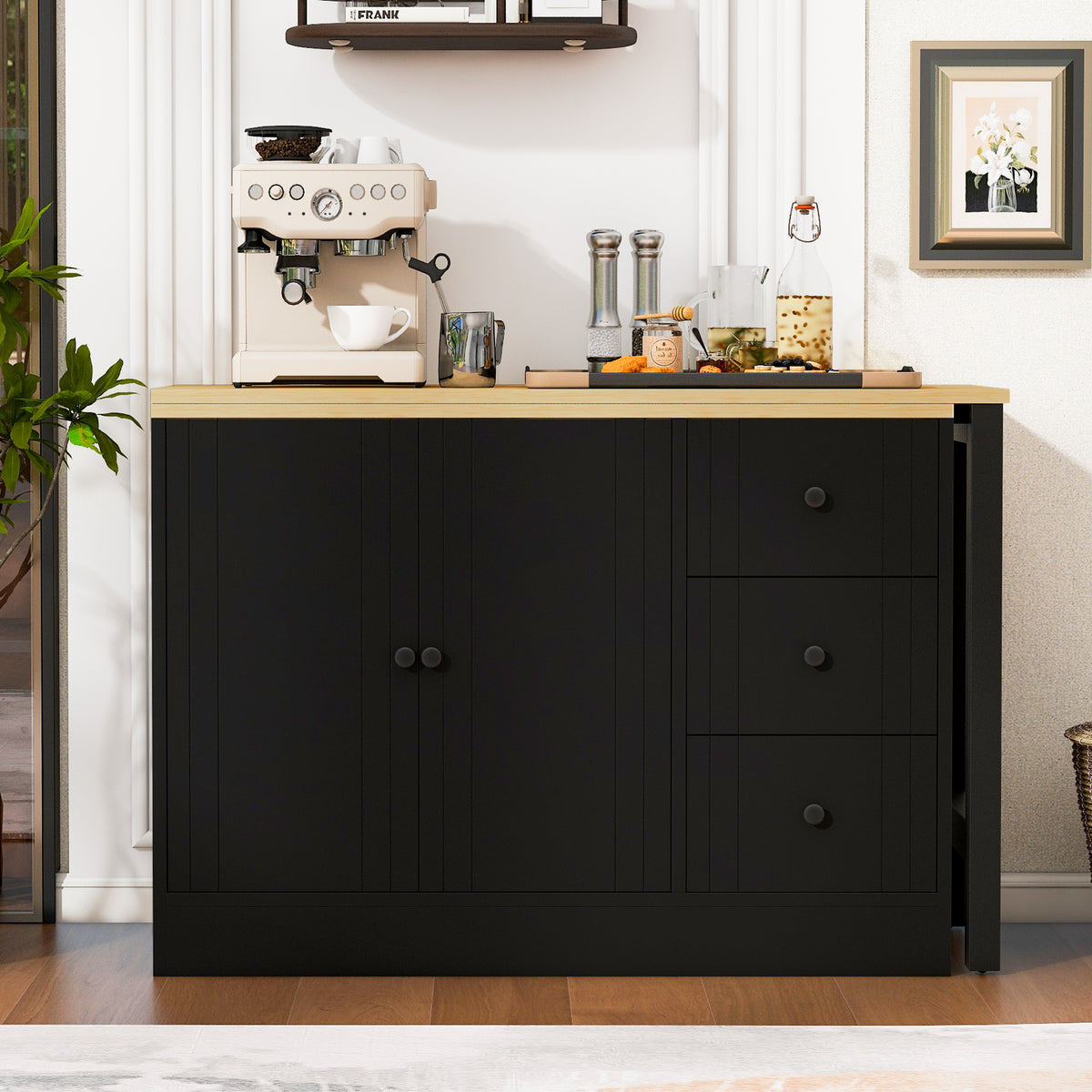 variant-group:rf-n711p334768o|Roomfitters Extendable Sideboard Buffet Cabinet with Storage, Multifunctional Console Table for Dining Room, Black+Natural