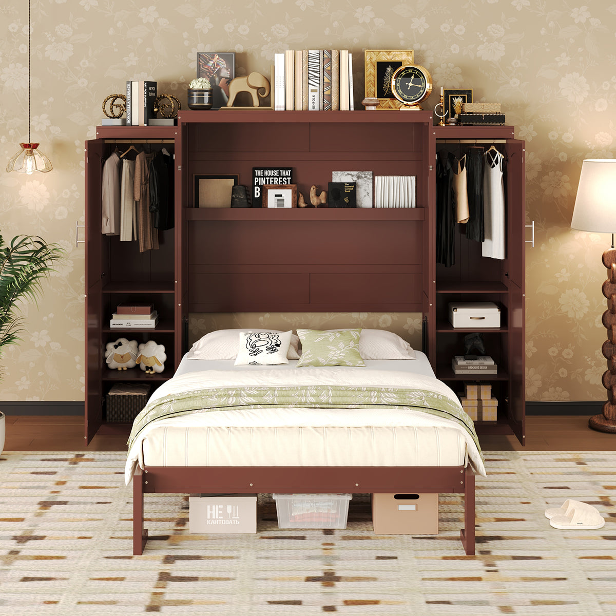 variant-group:rf-n733s235596d|Roomfitters Full Murphy Wall Bed with Two Wardrobes and Storage Shelf, Foldable Platform Bed Frame for Guest Room, Walnut