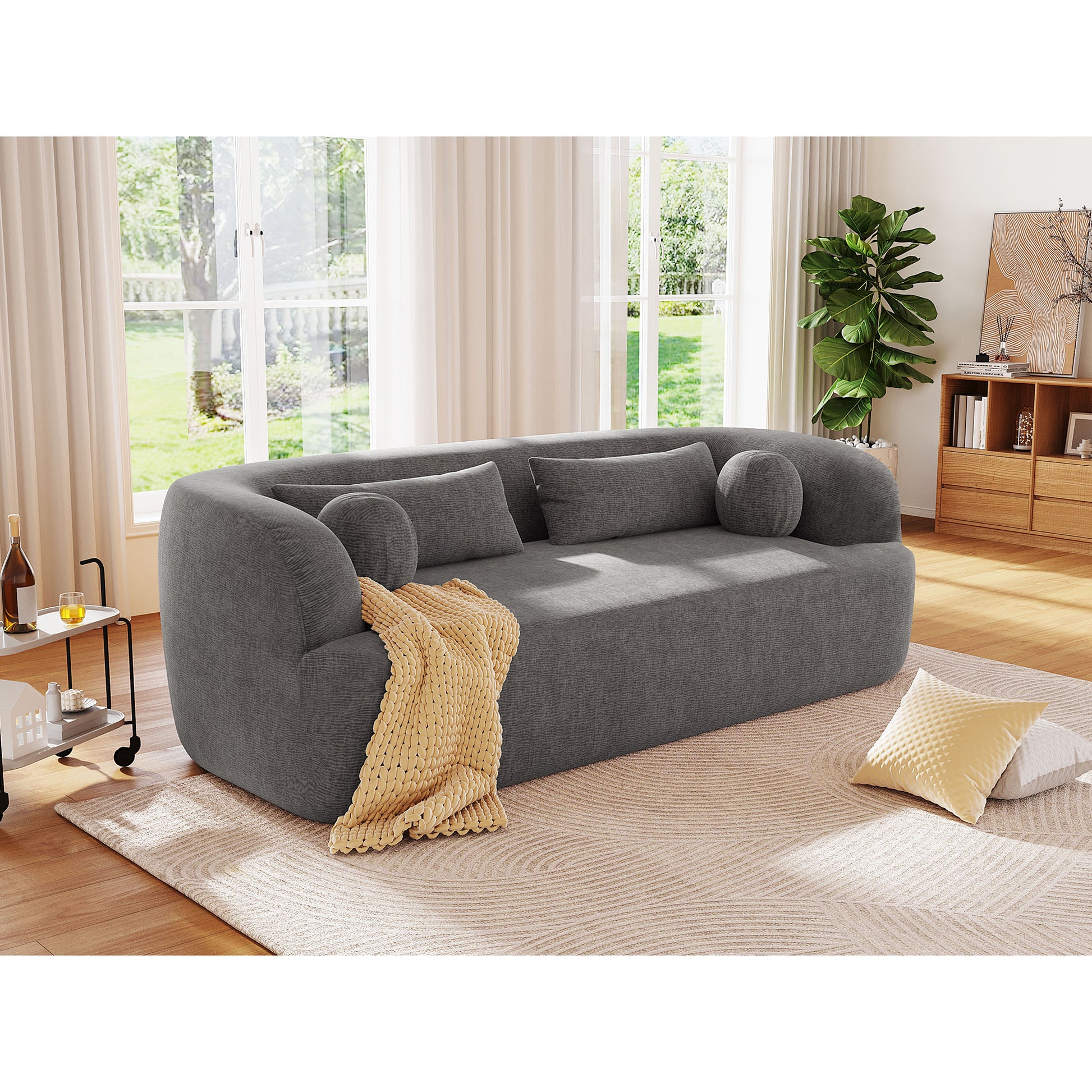 variant-group:rf-n723p404465e|Roomfitters 86 Inch Modern Curvy Sofa, 3-Seater Rounded Upholstered Couch with Plush Throw Pillows for Living Room, Gray