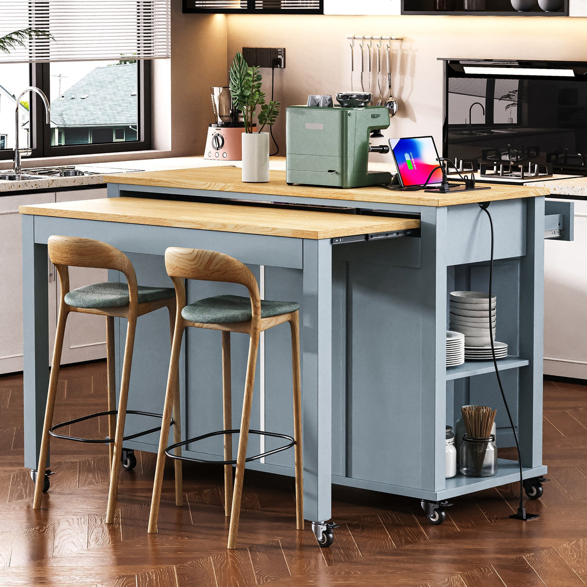 Roomfitters 47" Kitchen Island with Power Outlet and Drop Leaf, Rolling Storage Cabinet with Drawers, Modern Style, Grey+Blue