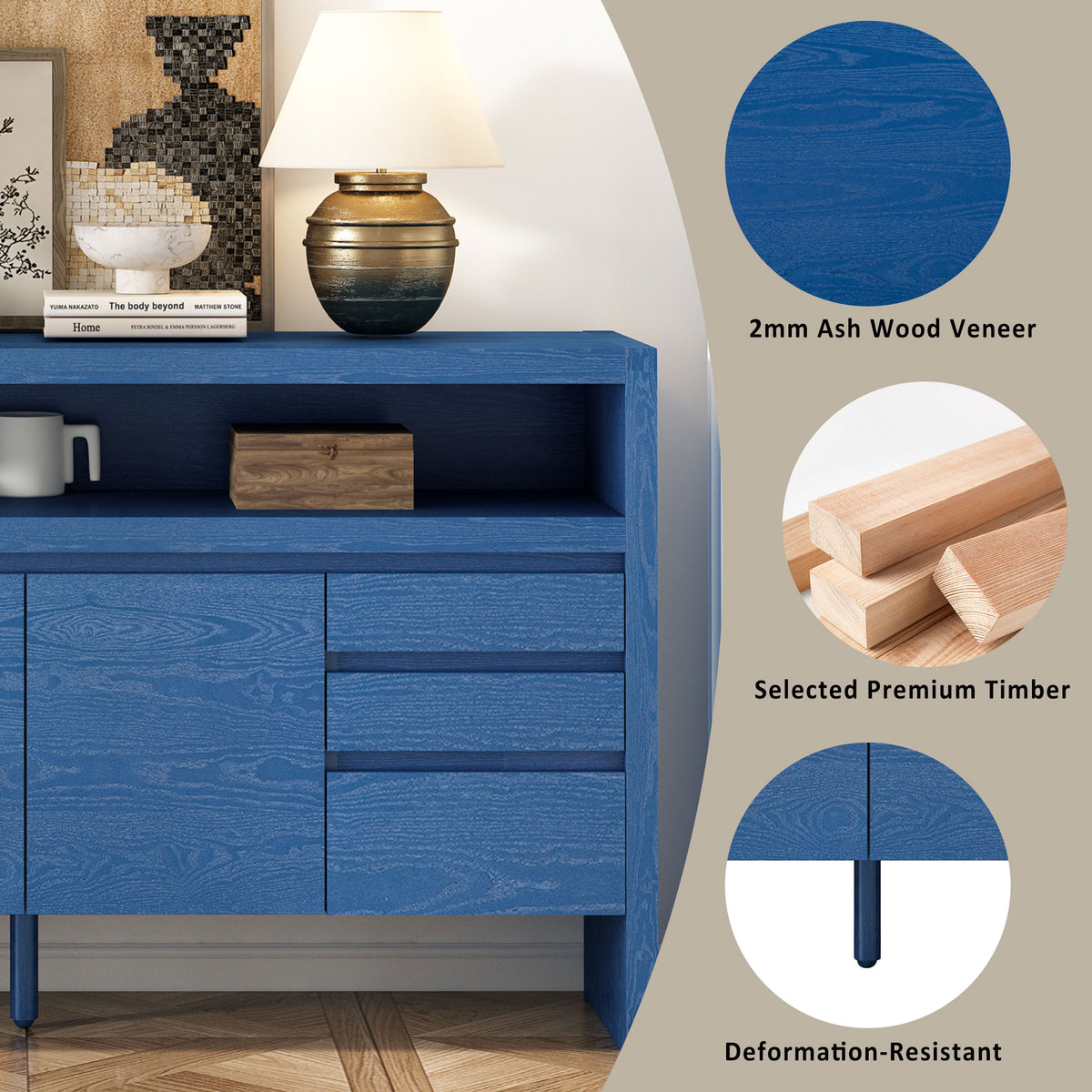 variant-group:rf-n711p289141v|Roomfitters 60" Modern Solid Wood Veneer Sideboard with 3 Doors & 3 Drawers, Open Shelf & Cable Cutout, Large Storage Cabinet for Dining, Hallway, Living Room, Navy Blue