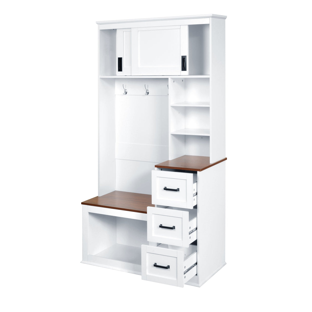 Roomfitters Modern Entryway Bench with Coat Rack, Hooks, Drawers and 3 Shelves, 40.2" Hall Tree, White Roomfitters