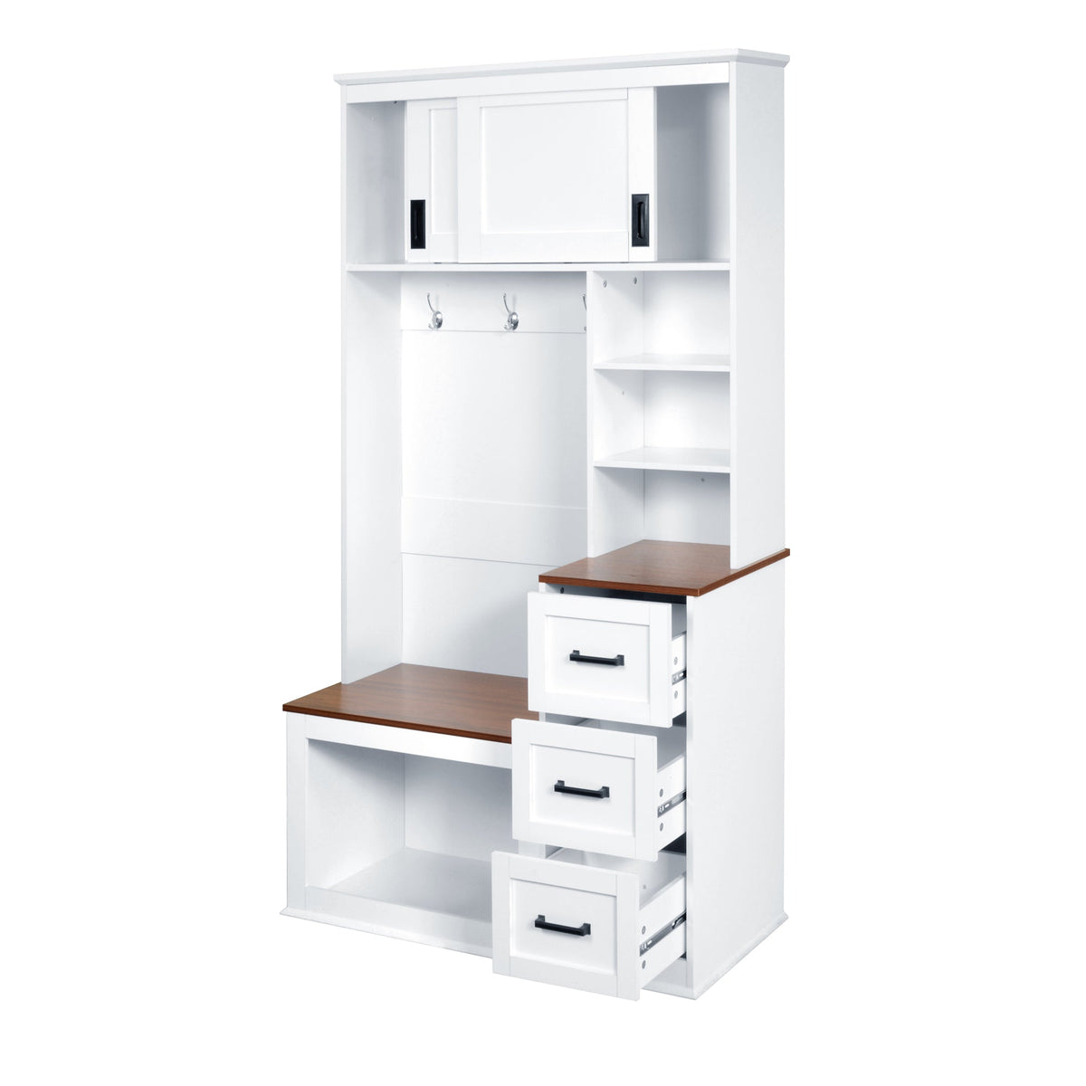 Roomfitters Modern Entryway Hall Tree with Storage Bench, 3 Drawers, White & Walnut Roomfitters