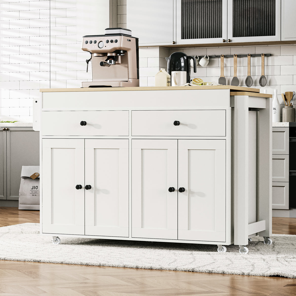 variant-group:rf-n707p333291w|Roomfitters 74.8" Rolling Kitchen Island with Extendable Dining Table, Mobile Cart with 4 Doors, 2 Drawers & Spice Rack, White