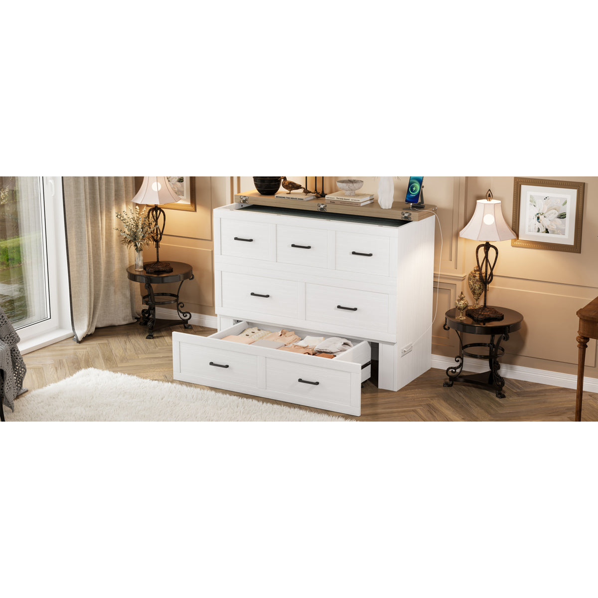 variant-group:rf-n733s293995w|Roomfitters Full Size Murphy Bed Cabinet with Charging Station, Foldable Platform Bed with Storage Drawer, White