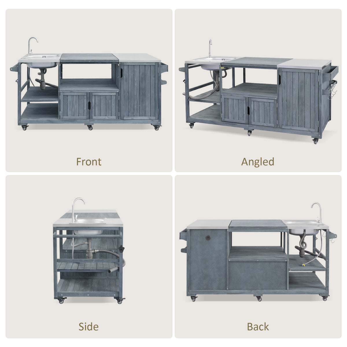 variant-group:rf-n707s000022g|Roomfitters 75.4" Outdoor Kitchen Island with Sink, Fir Wood Grill Cart for XL Green Egg & Tabletop Grills, Grey Blue