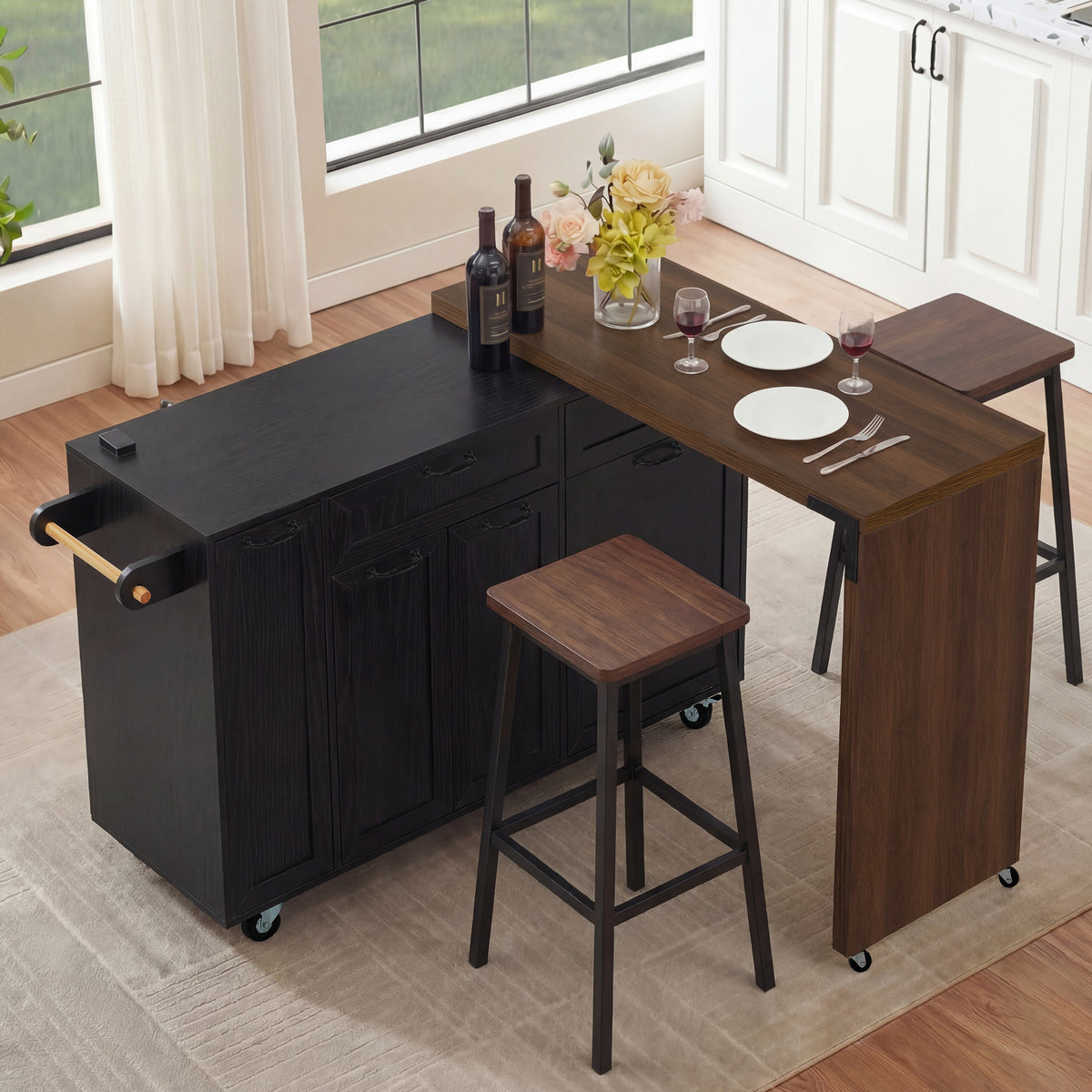 variant-group:rf-n707s000026b|Roomfitters 102.3" Kitchen Island with Tilt Out Trash Can Cabinet, Rolling Storage Cart, Slide-out Spice Rack, Black