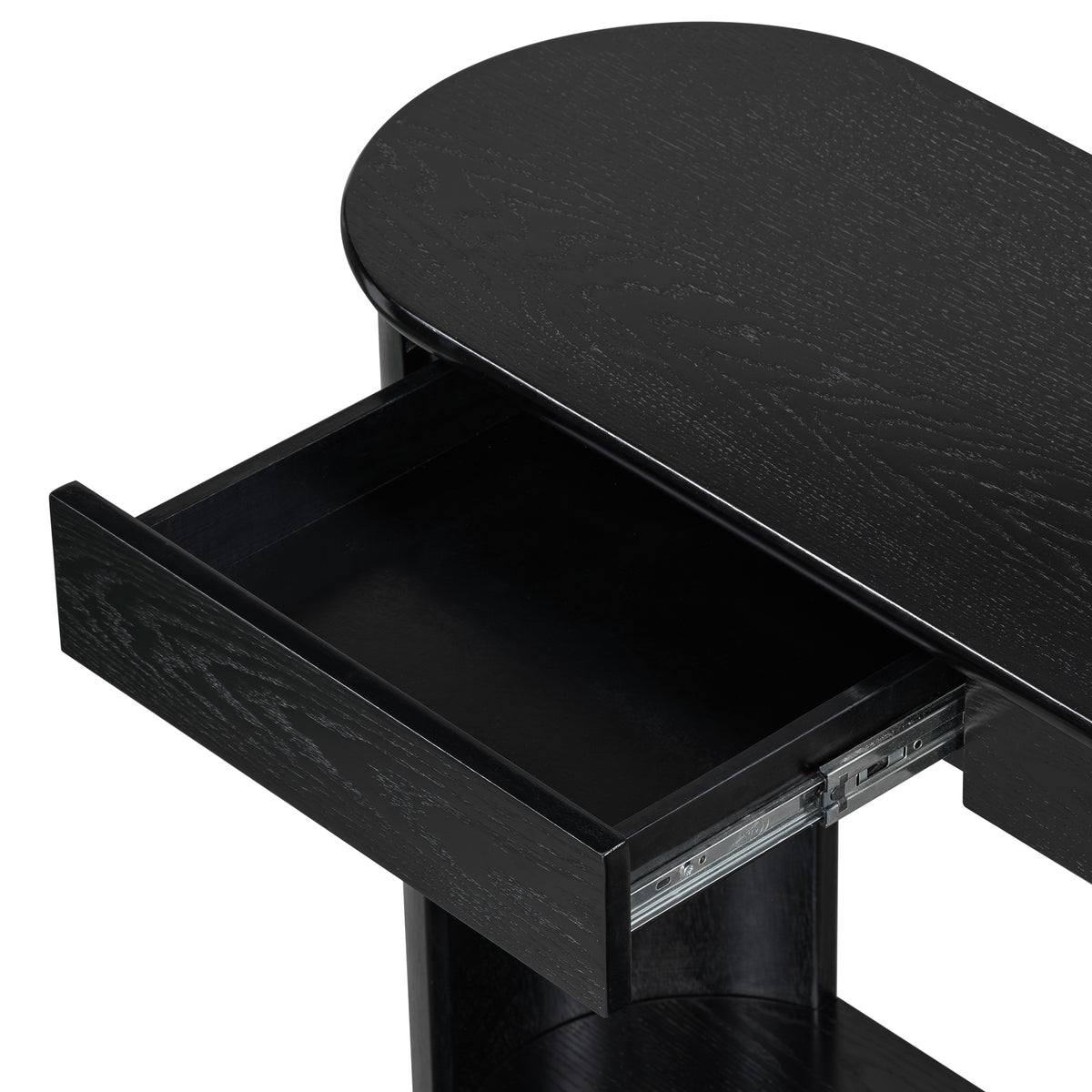 variant-group:rf-n711p395523b|Roomfitters Modern Farmhouse Black Oak Veneer Semi-Circular Console Table with 3 Drawers and Open Bottom Storage Shelf
