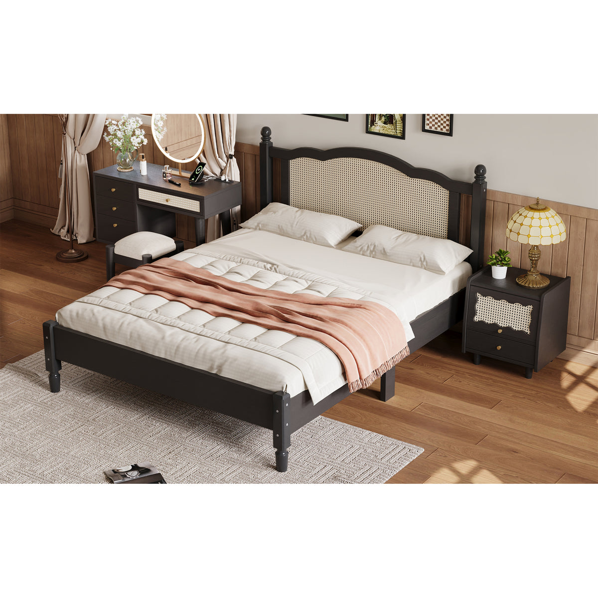 variant-group:rf-n733p180013b|Roomfitters Queen Size Wooden Platform Bed with Natural Rattan Headboard, Vintage-Inspired Bed Frame with Sturdy Wooden Slat Support for Timeless Elegance, Black