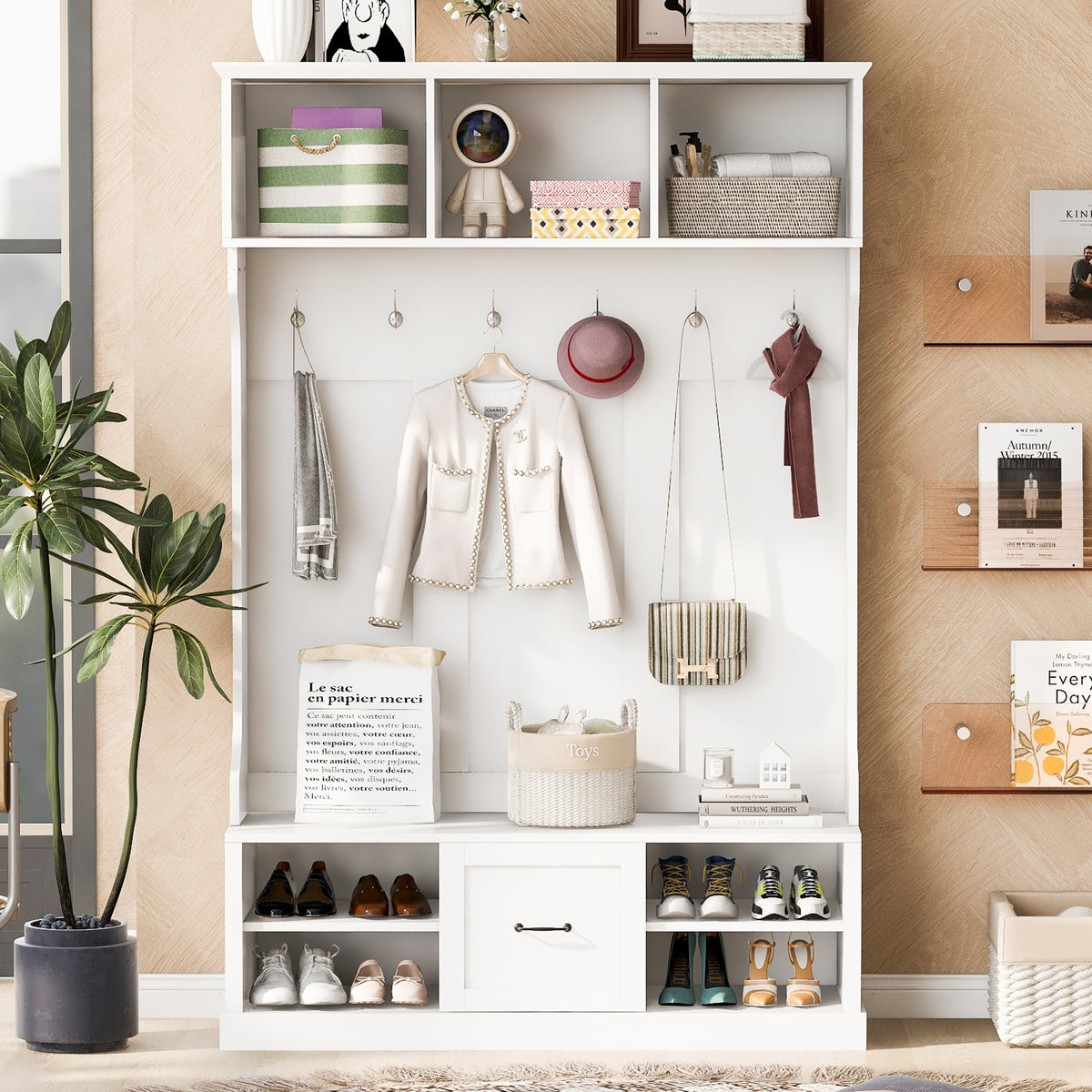 variant-group:rf-n724p264673k|Roomfitters 3-in-1 Hall Tree with 6 Hooks, Coat Rack and Entryway Bench, 57" Organizer with Drawer for Hallway or Living Room, White