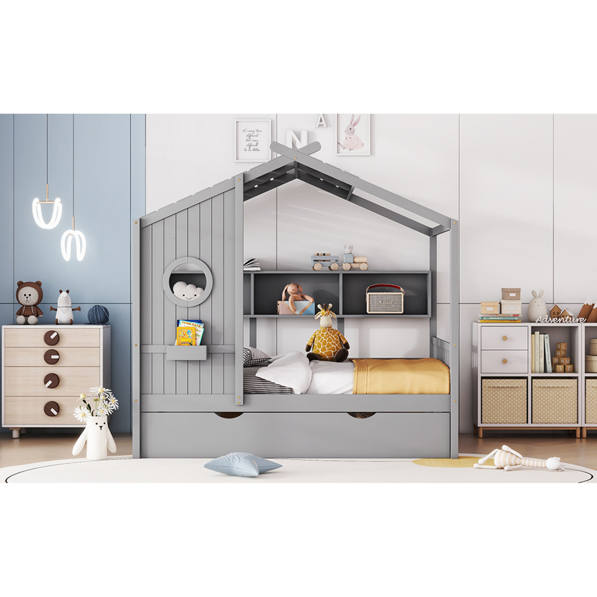 variant-group:rf-n733s316125e|Roomfitters Wooden Full Size House Bed with Trundle and Storage Shelf, Gray