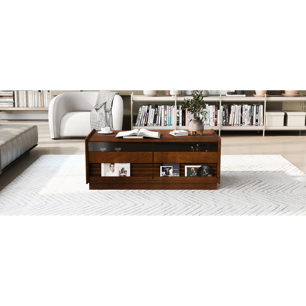 variant-group:rf-n724p286421d|Roomfitters Rectangle Coffee Table with Fluted Style, 4 Storage Compartments and Glass Display Shelves, Brown