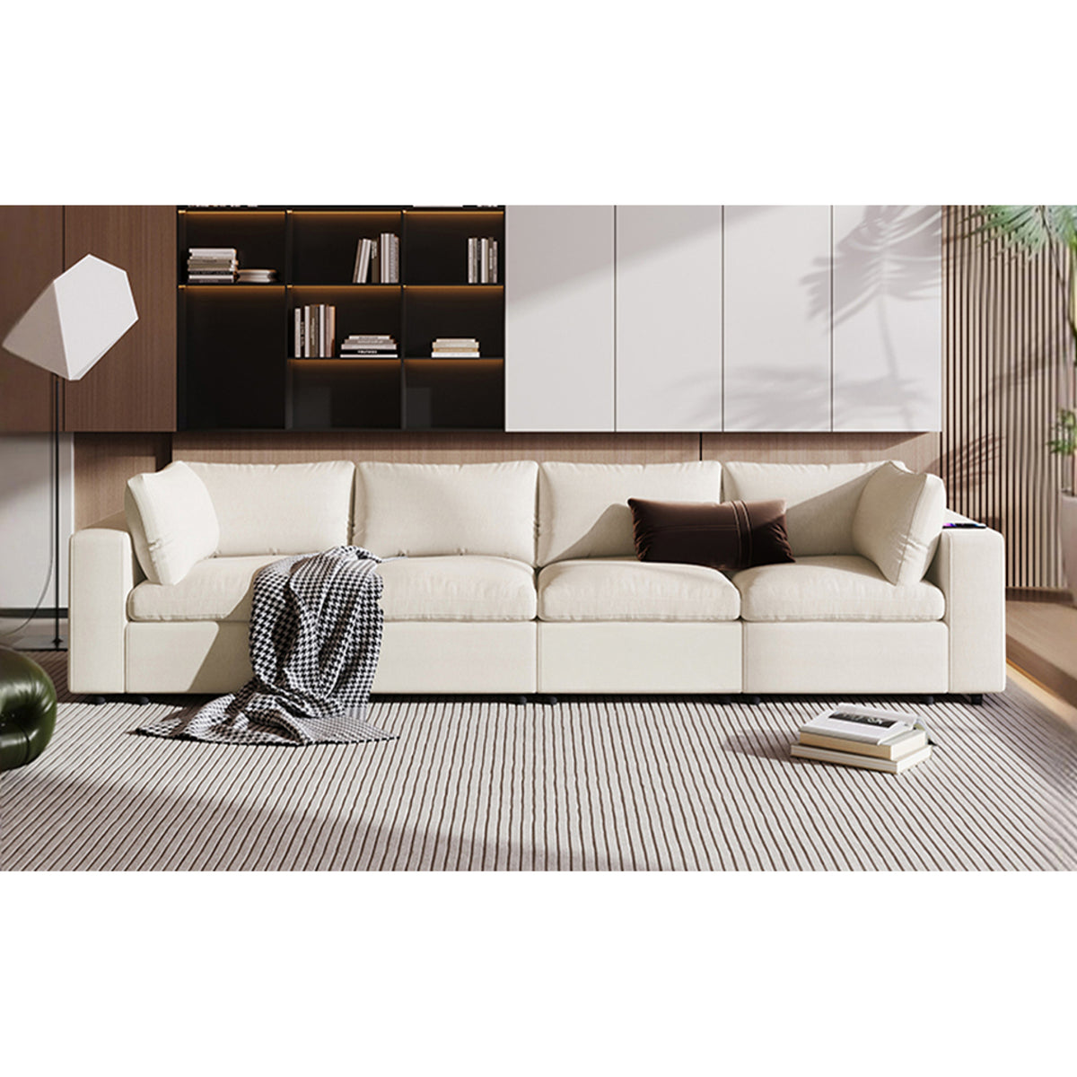 variant-group:rf-n711wy000413aaa|Roomfitters Upholstered Modular Sofa with Storage Space, USB Charging Ports, Wireless Charging, Built-in Bluetooth Speaker, Sectional Sofa for Living Room and Apartment, Beige