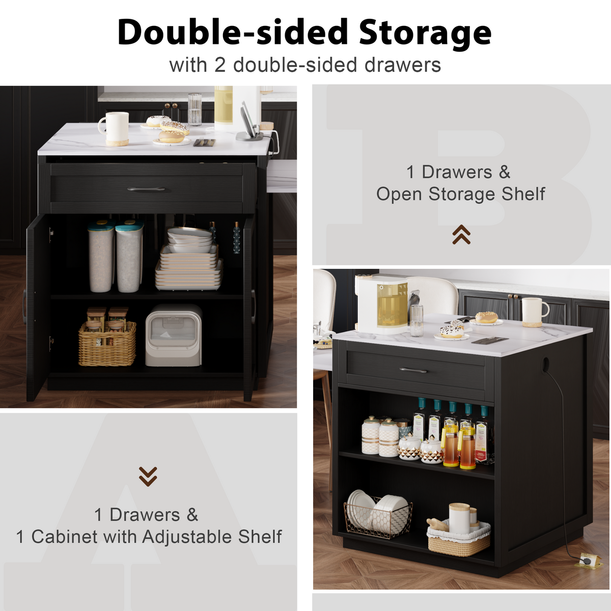 variant-group:rf-n707s000010b|Roomfitters 82.7" Kitchen Island with Extendable Table, Faux Marble Top, Double Storage, Power Outlet, Black