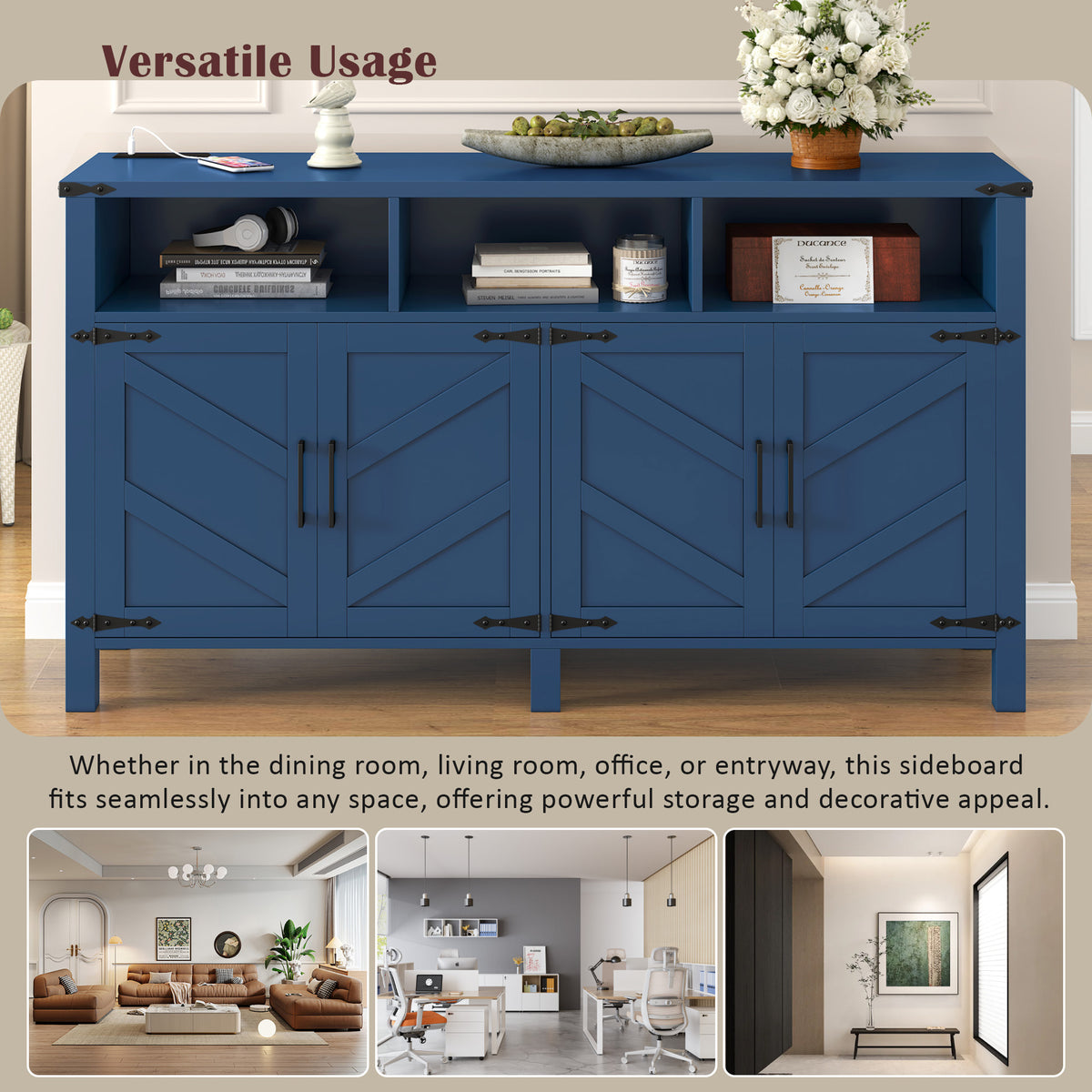variant-group:rf-n711p347407v|Roomfitters 59" Sideboard Buffet Cabinet with 4 Door & Open Storage, Modern Farmhouse Industrial Coffee Bar Station, Navy Blue