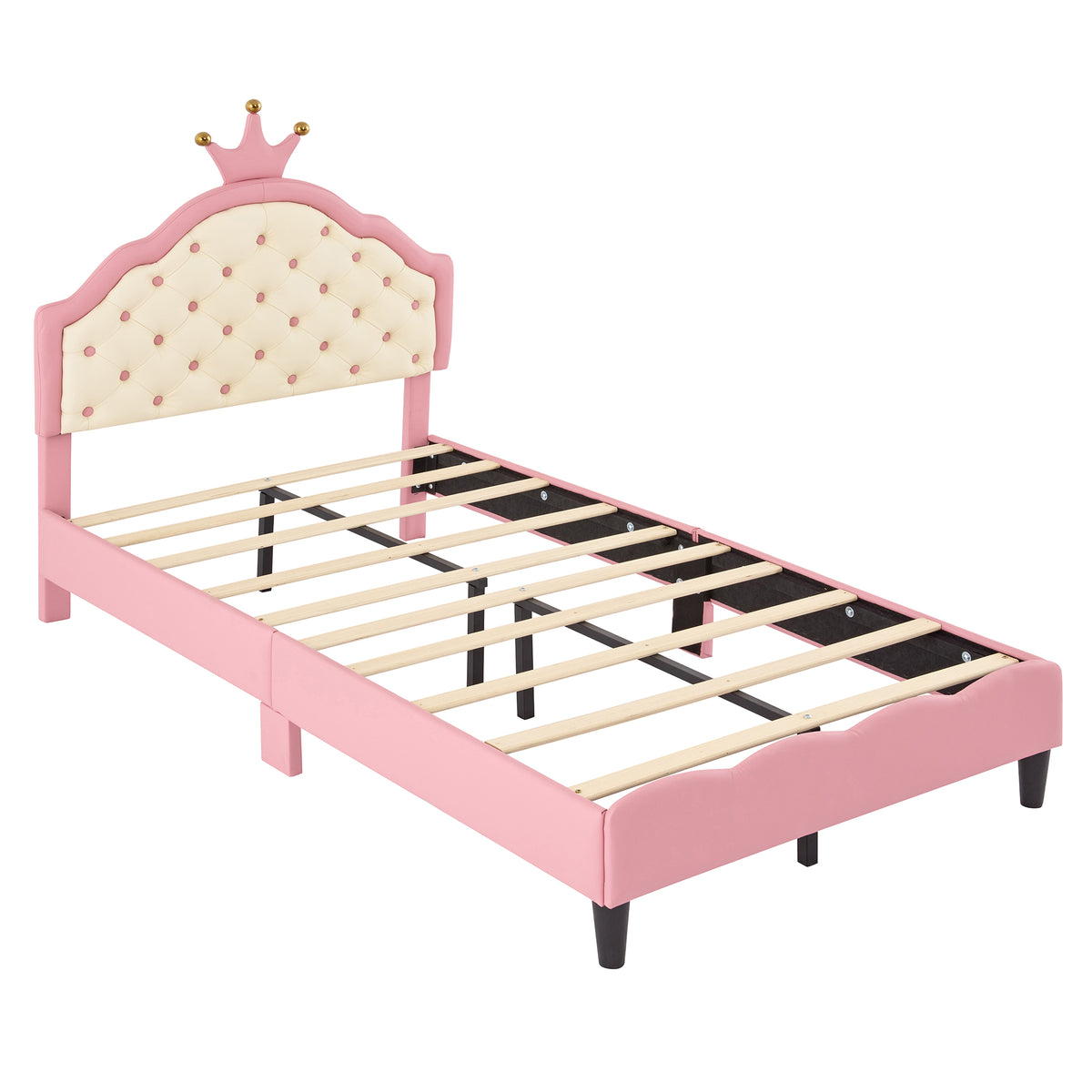 variant-group:rf-n733p198760h|Roomfitters Twin Size Upholstered Princess Bed with Crown Design, Elegant PU Leather Platform Bed with Tufted Headboard for a Stylish Bedroom, Pink + Cream