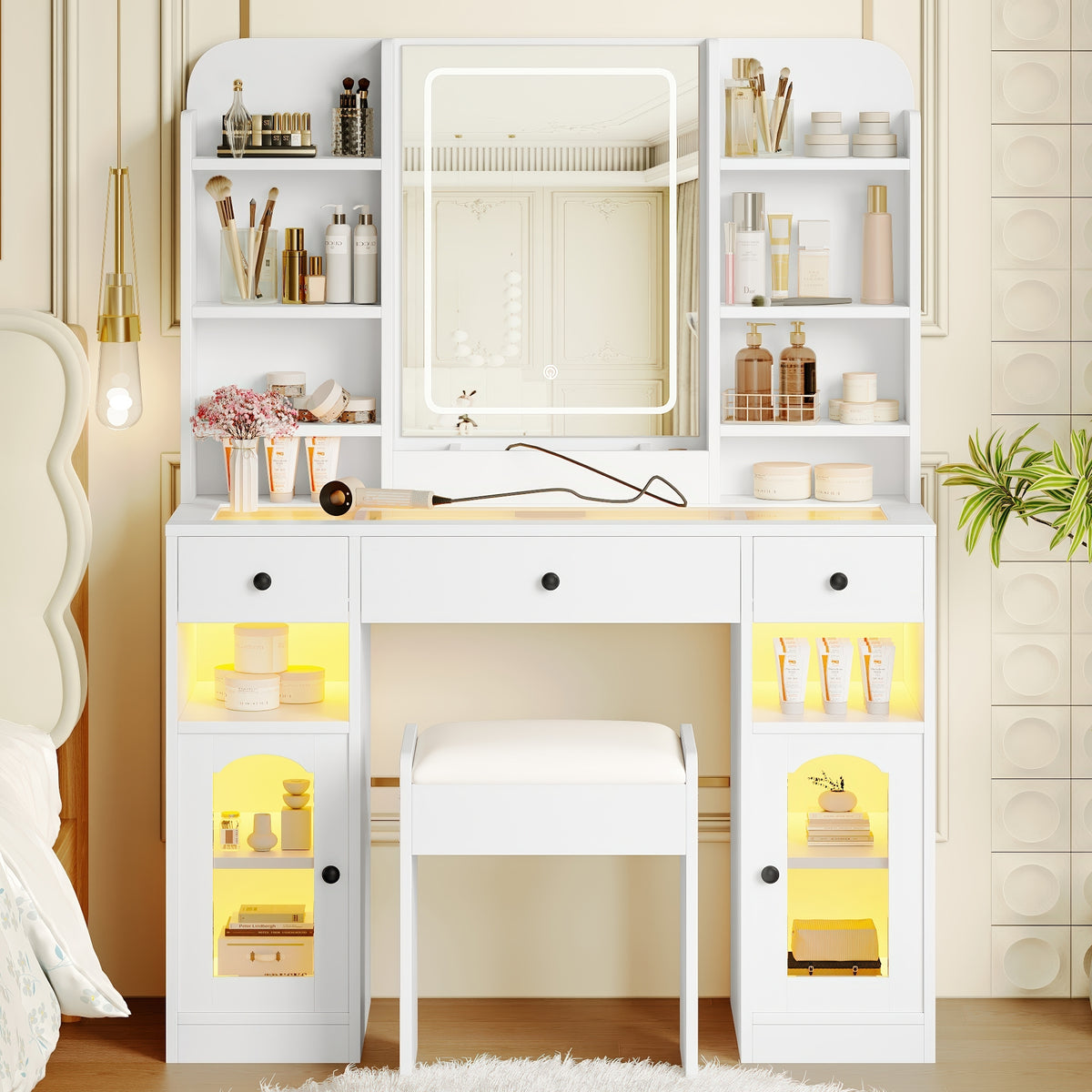variant-group:rf-n704p407114k|Roomfitters 43.2" Makeup Vanity Desk with LED Lighted Mirror, Glass Door Cabinets, Charging Station and Stool, White
