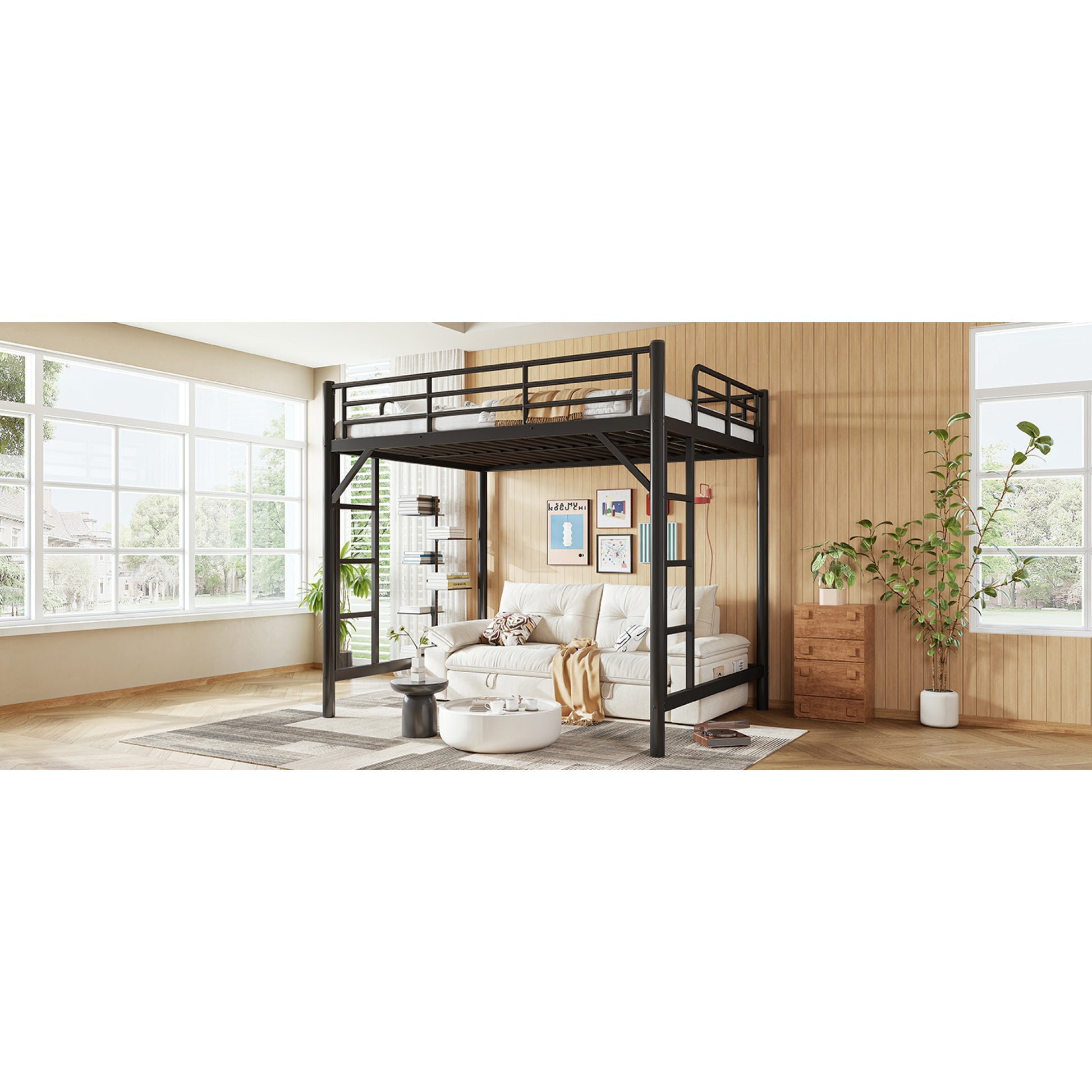 variant-group:rf-w1580p455015|Roomfitters Full Size Metal Loft Bed Frame with Guardrails, Heavy Duty Space Saving High Loft Bed Dual Ladders, Black